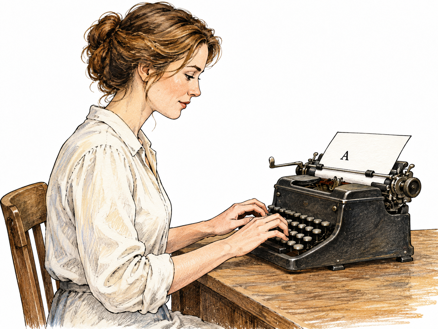 Adult types on a manual typewriter; paper shows only a single essential “A” and all other paper/keys are unlettered.