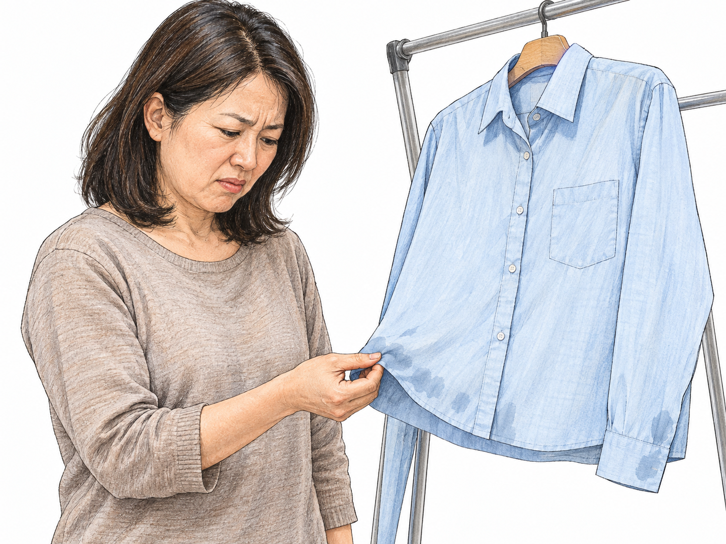 A woman tests a freshly laundered shirt that still has small, darker moisture patches, pinching one patch with a mildly displeased expression.