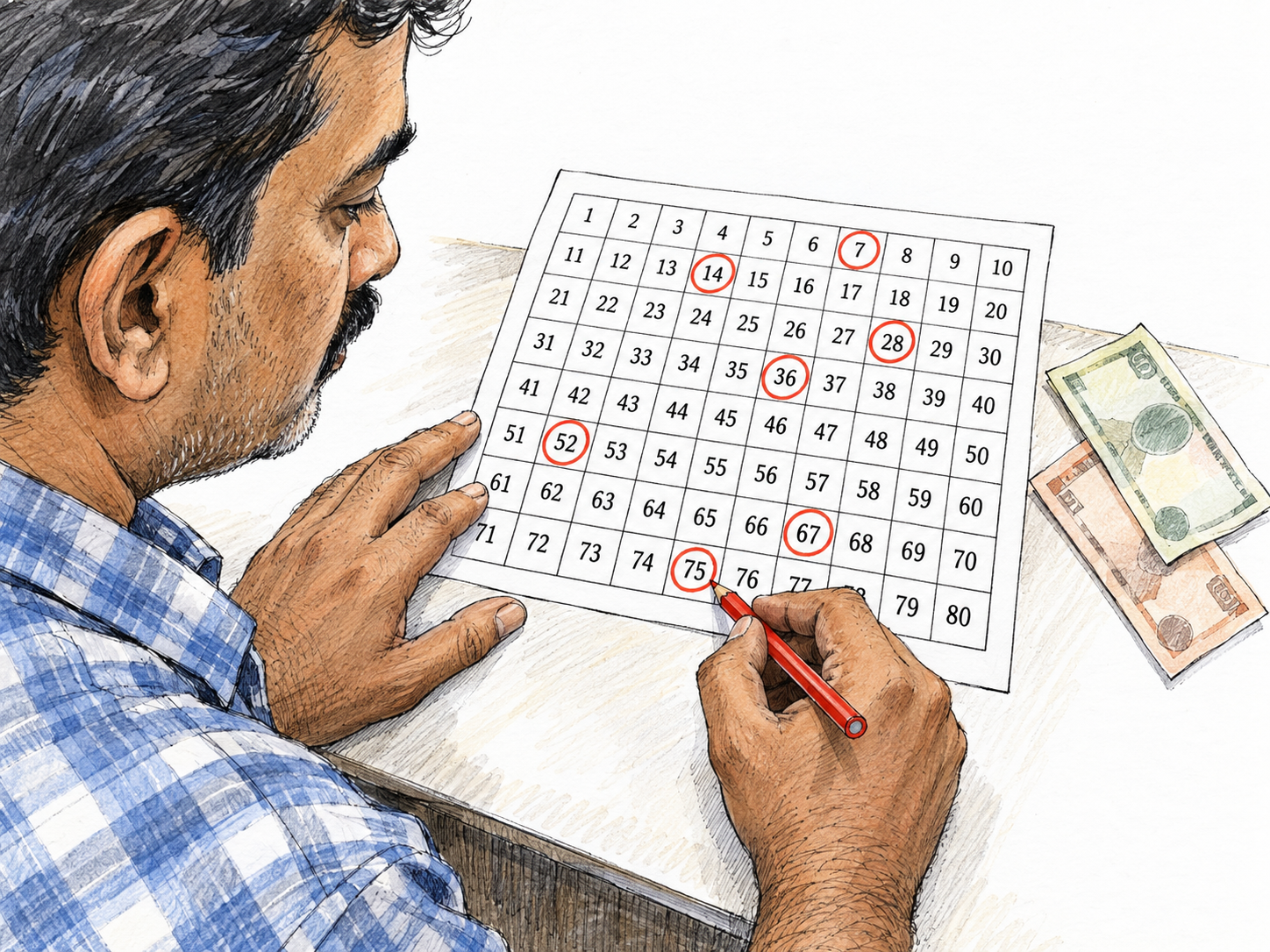 A player marks chosen numbers on an 80-number keno betting slip, with a small cash stake beside it.