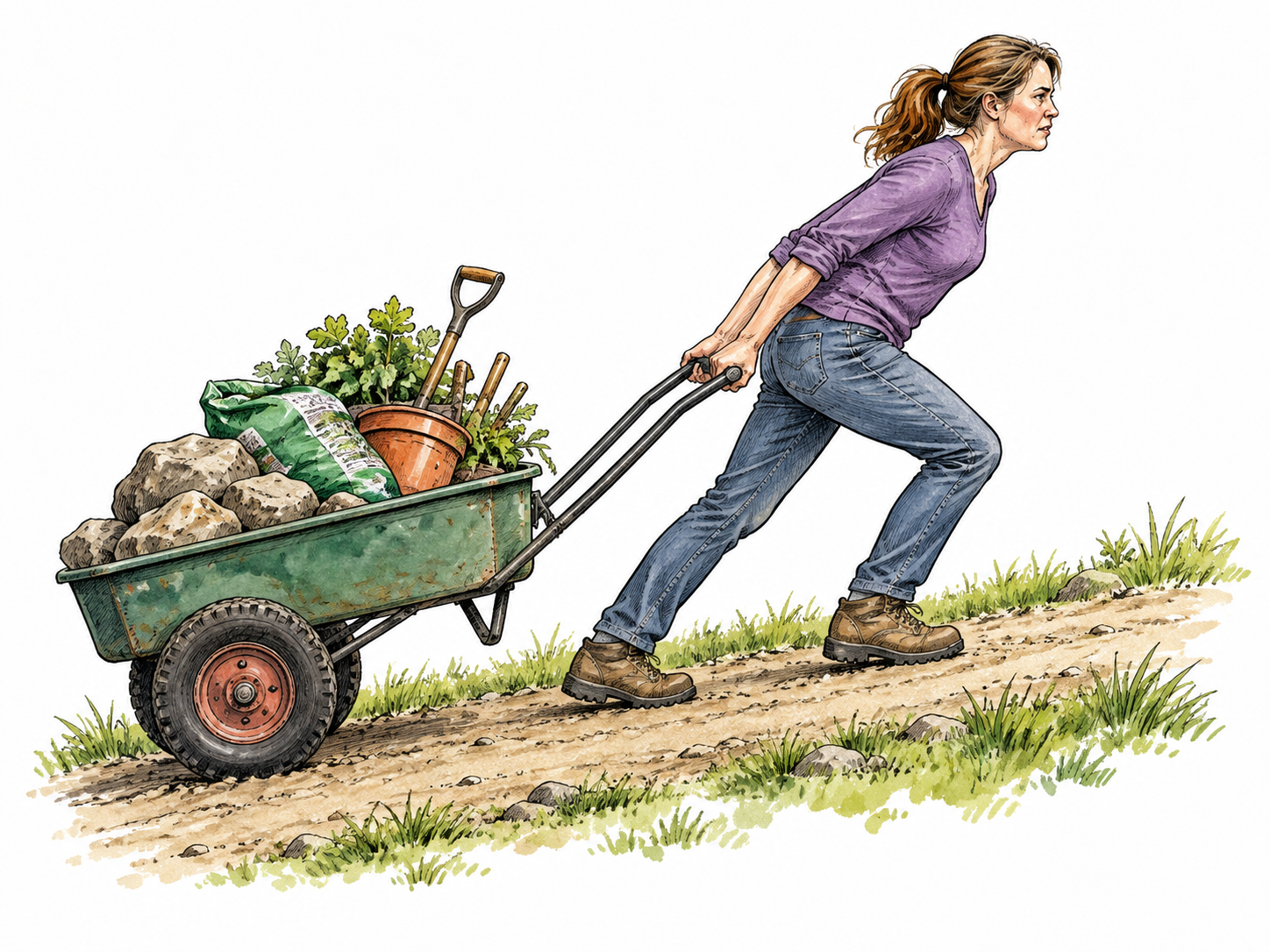 An adult pulls a heavy garden cart by both handles up a gentle path, legs braced and load moving with effort.