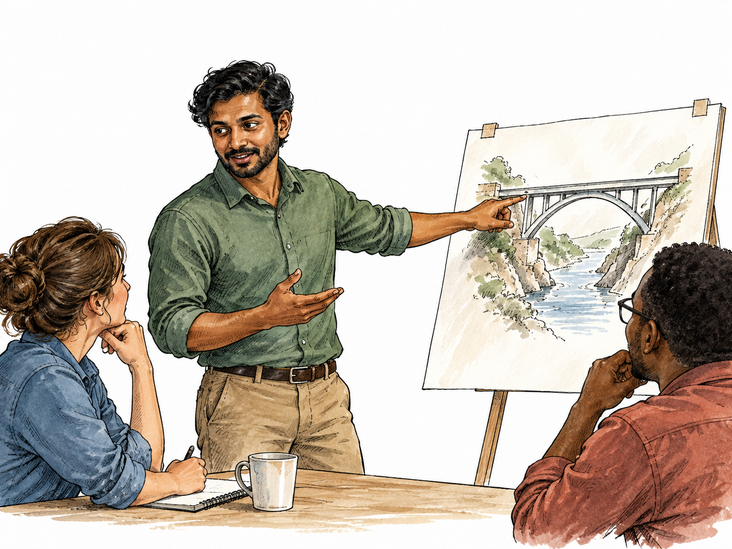 A South Asian team member offers an idea by pointing to a simple sketch of a possible bridge design.