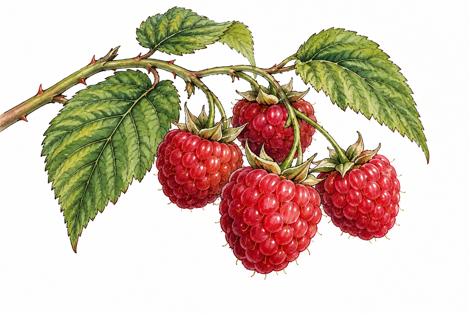 Macro view of ripe red raspberries on a cane with clustered juicy drupelets and green leaves, object only.