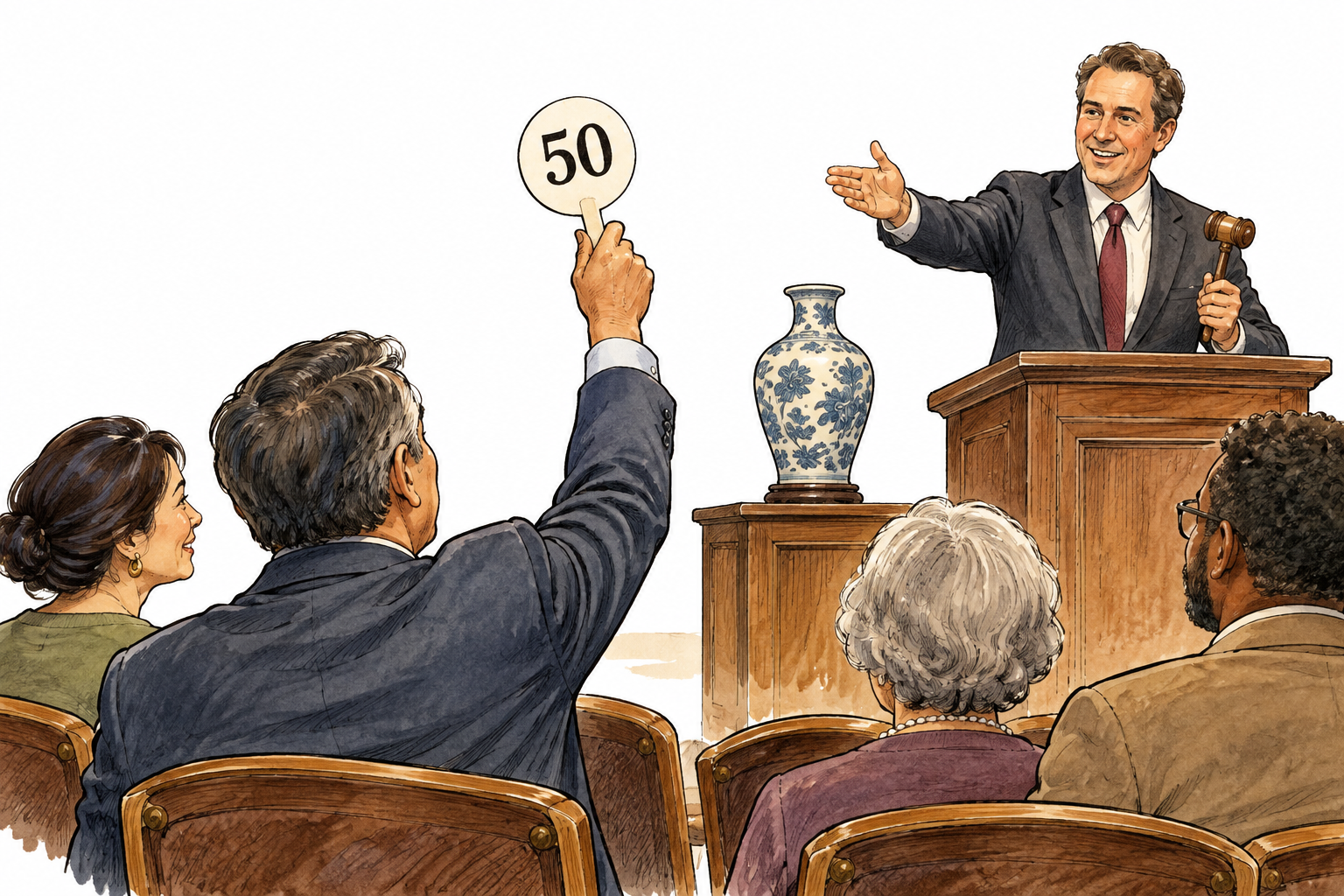 An adult at an auction raises a paddle marked 50 to offer a price.
