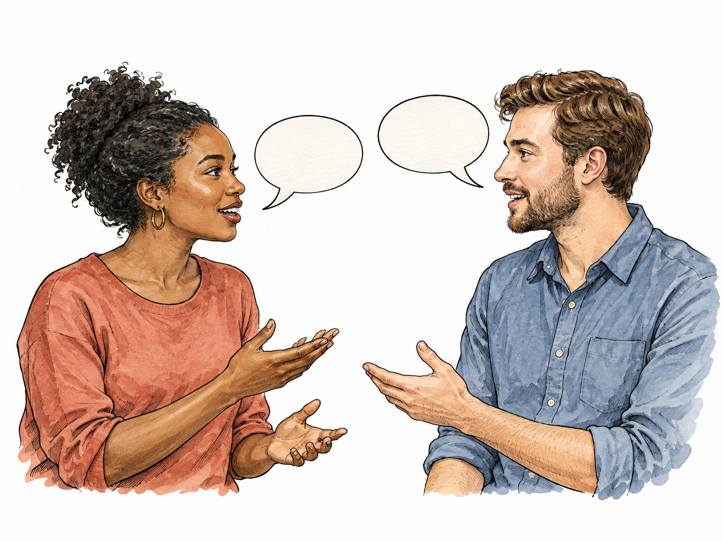 A Black woman and white man converse face to face, subtle blank speech bubbles.
