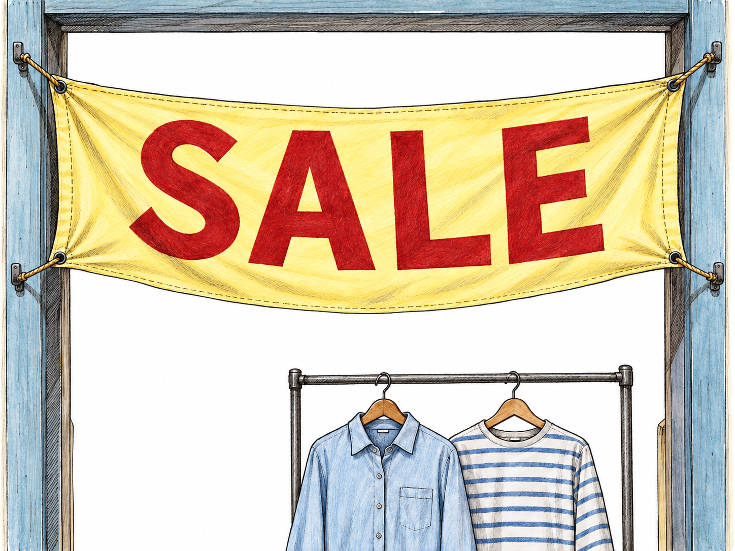 A long, flexible cloth banner hung across a shop entrance announces a sale; its message, elongated shape, folds and exposed corner ties establish the exact physical sense.