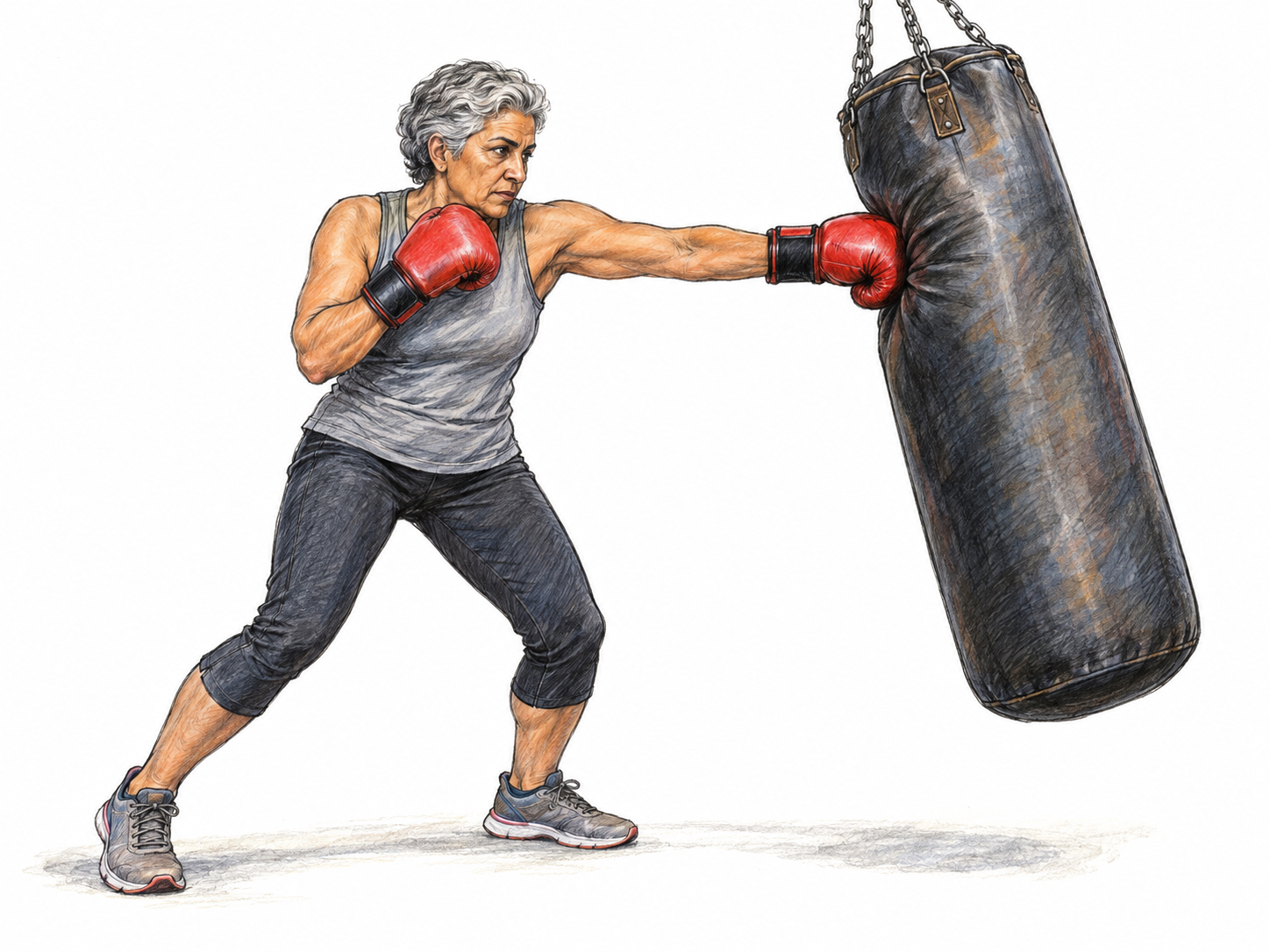 An older woman delivers a forceful boxing punch to a heavy bag, visibly denting it and driving it sideways: a concrete depiction of the frozen definition's 'hard hit' alternative.