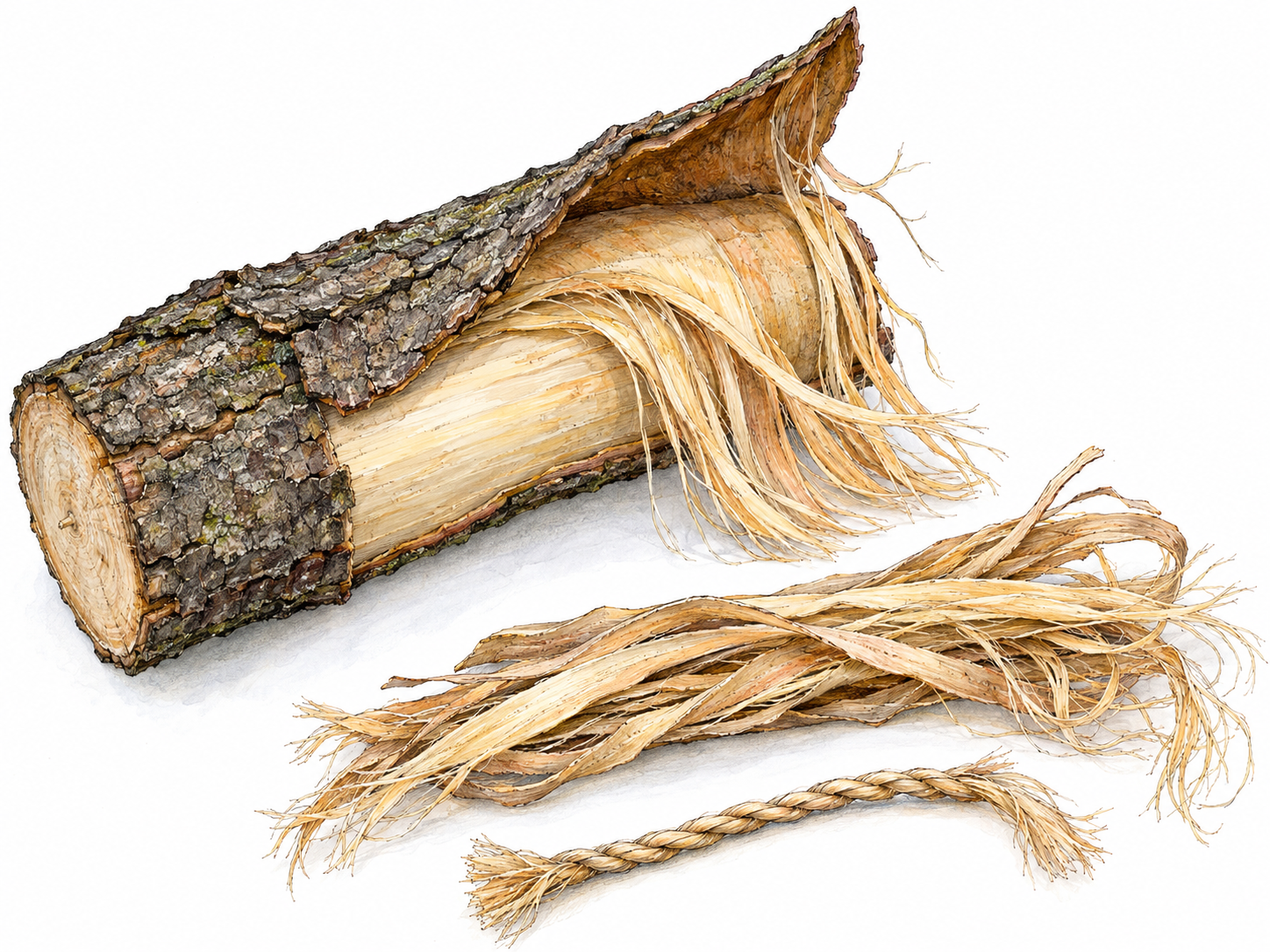 A close botanical-material study of linden bark: rough outer bark peeled back to reveal pale, stringy inner bark, with extracted fiber strips and a short cord twisted from the same fibers beside it.