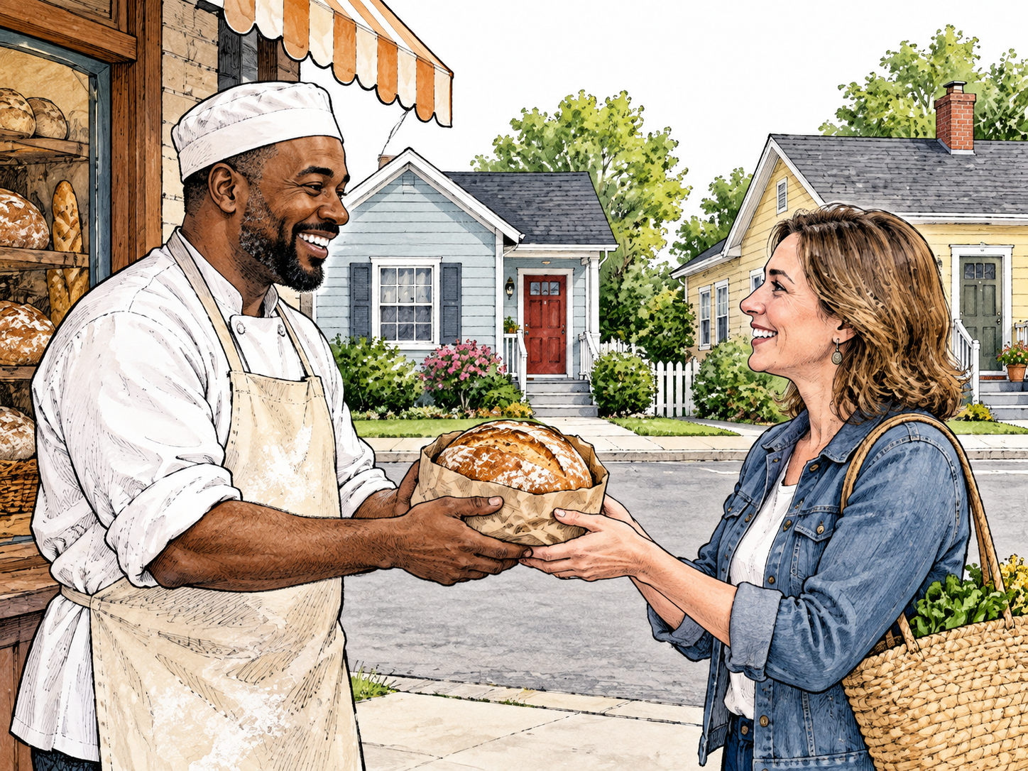 A neighborhood baker hands bread to a nearby resident beside a short street segment with two small neighboring homes, showing the immediate local community.