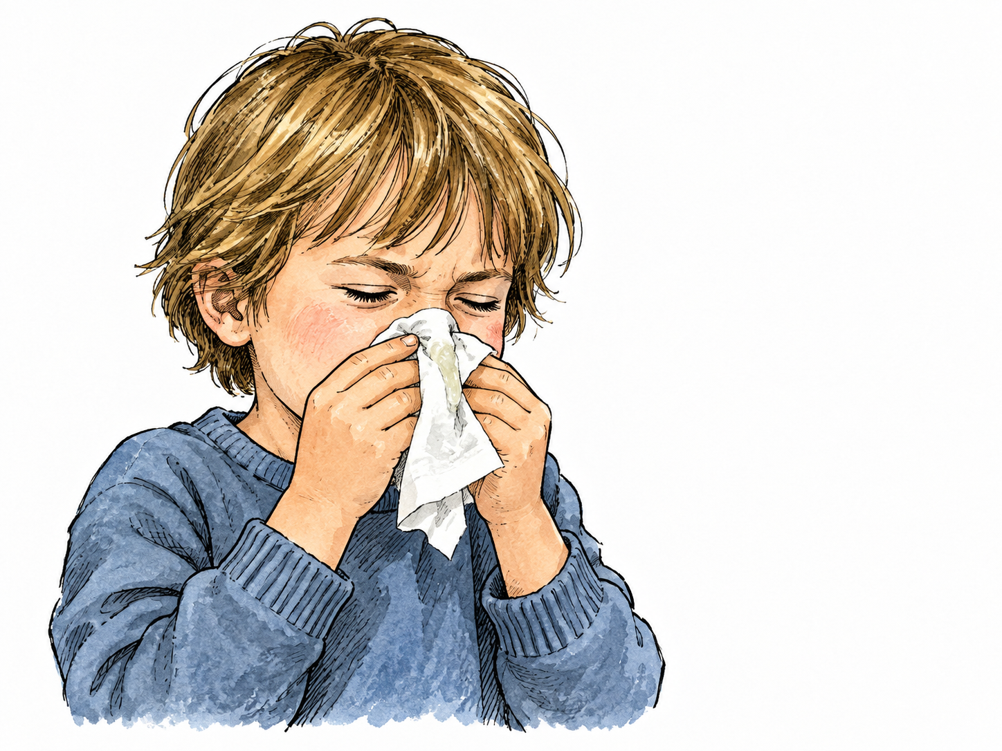 A child uses a tissue to blow a runny nose with a tiny modest trace of clear mucus, clean non-grotesque scene.