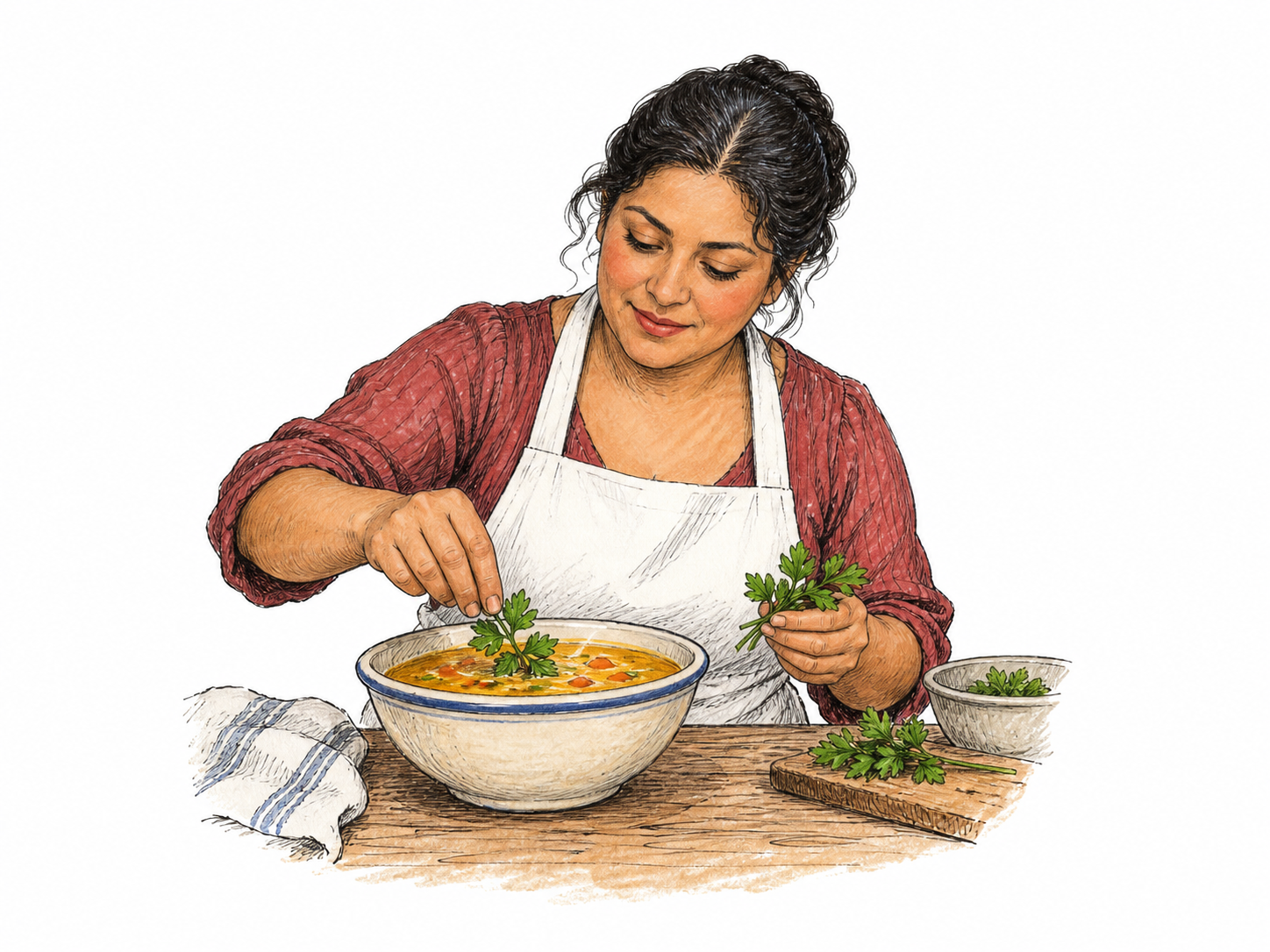 A cook places a fresh parsley sprig atop a bowl of soup with fingertips; edible decoration is visibly being added, no packaging or writing.