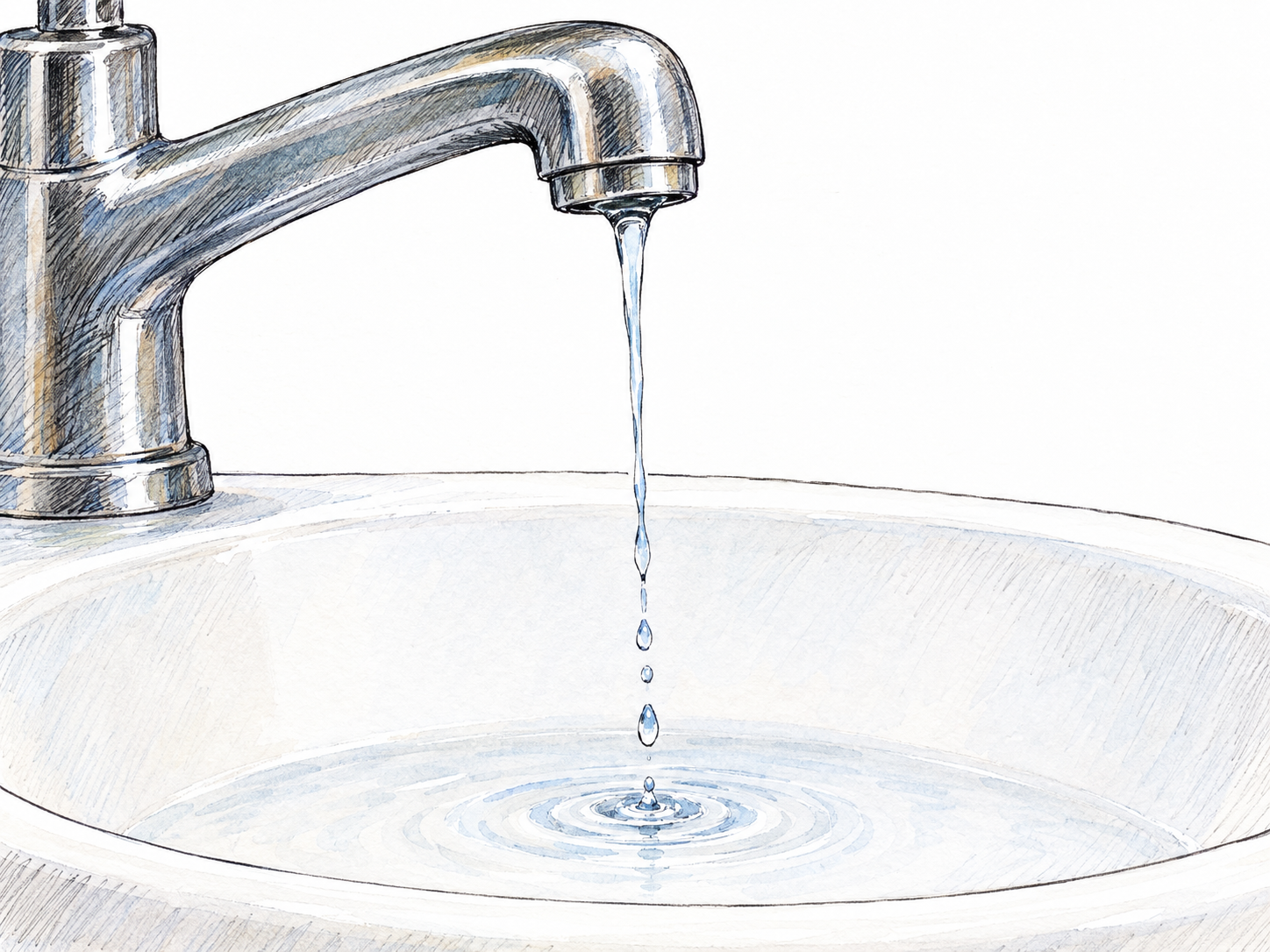 A barely open faucet releases a very thin, gently descending stream of water into a basin, with tiny ripples and no vigorous splash.