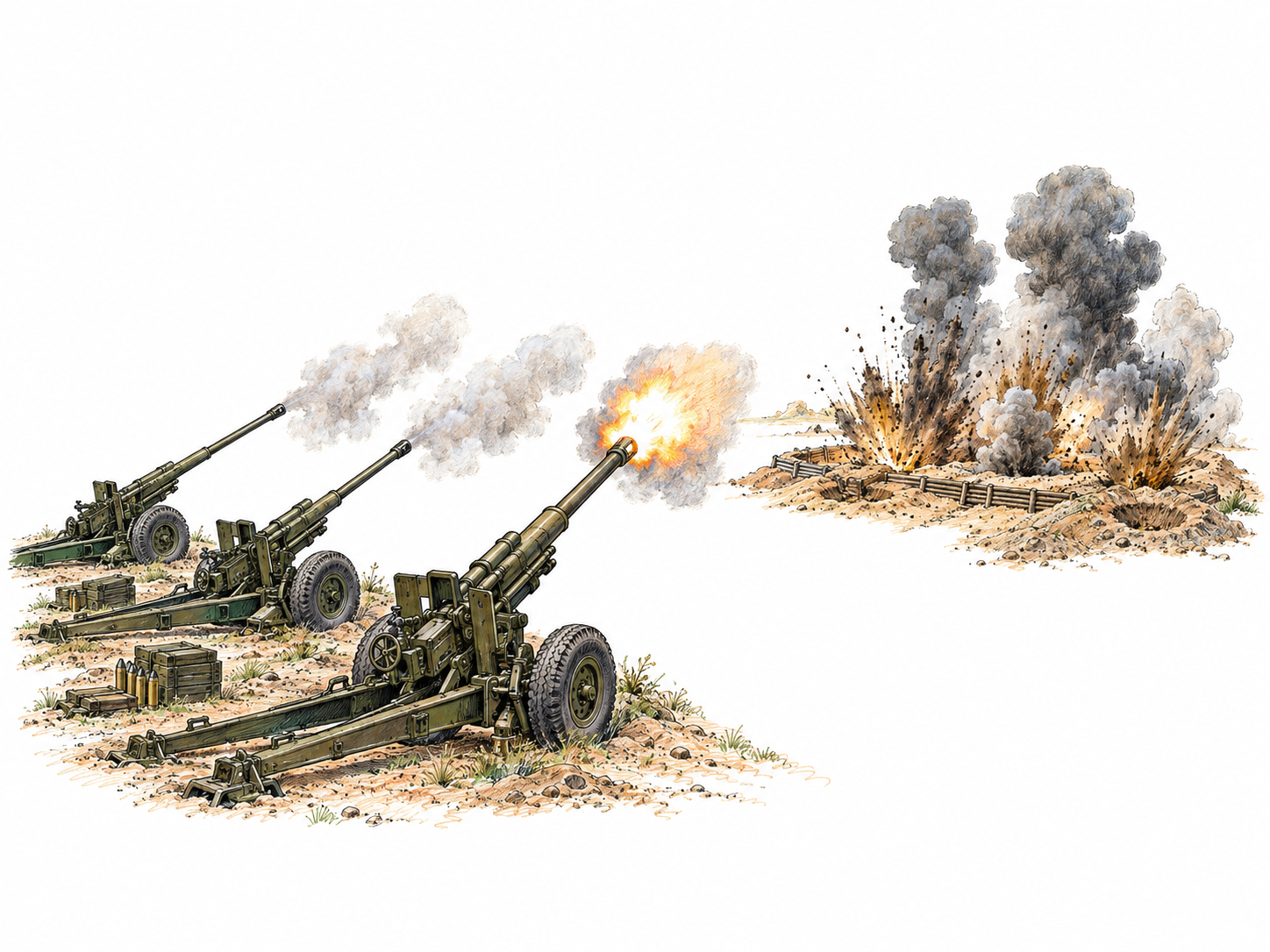 An intense artillery bombardment: several field guns fire toward one distant defensive position, where overlapping fresh explosions and lingering smoke show a sustained barrage rather than an isolated shot.