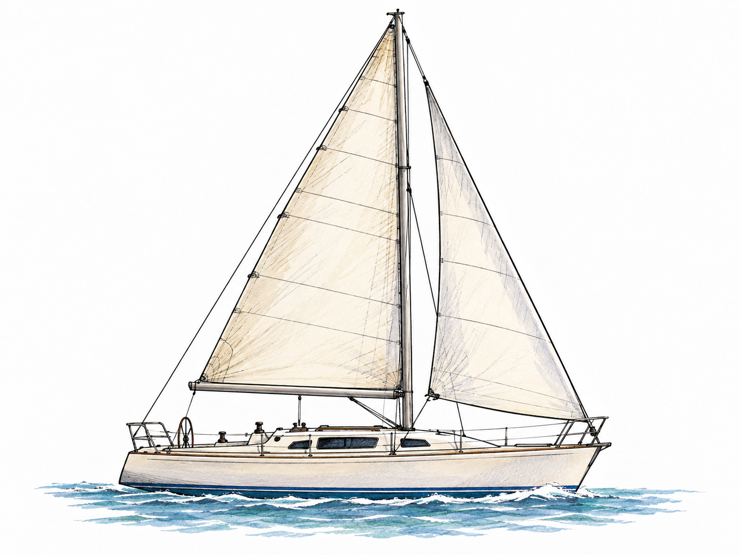 A modern sloop in clean side view with its large triangular mainsail behind mast attached along boom, smaller triangular jib forward, mainsail clearly principal.