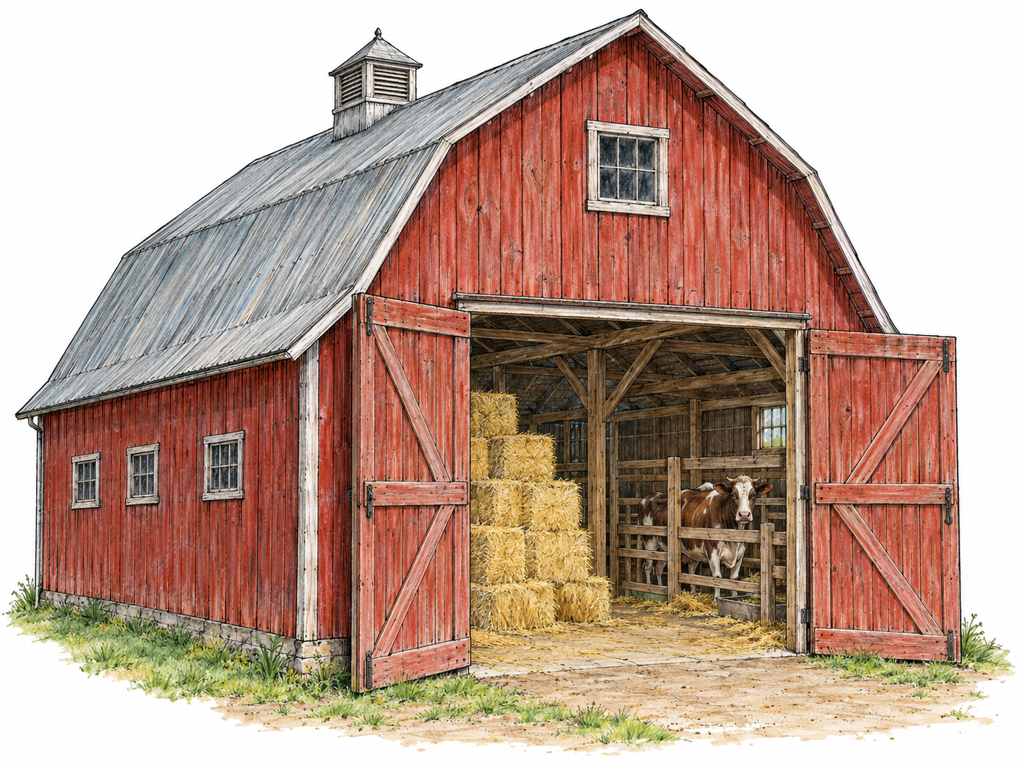 A large timber farm barn with its broad double doors open, revealing stacked hay bales and a cow in a side stall.