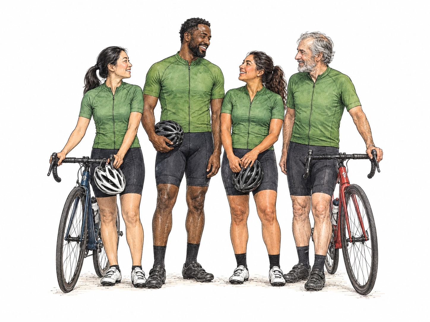 Four cycling-club members wear matching plain green jerseys, central member stands naturally among teammates holding bicycle helmet, shared membership obvious, no logos.