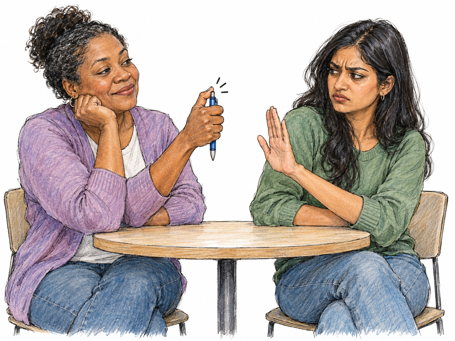 At a small shared table, a woman repeatedly clicks a retractable pen near her companion, who turns toward her with a tense, irritated expression and a raised stop gesture.