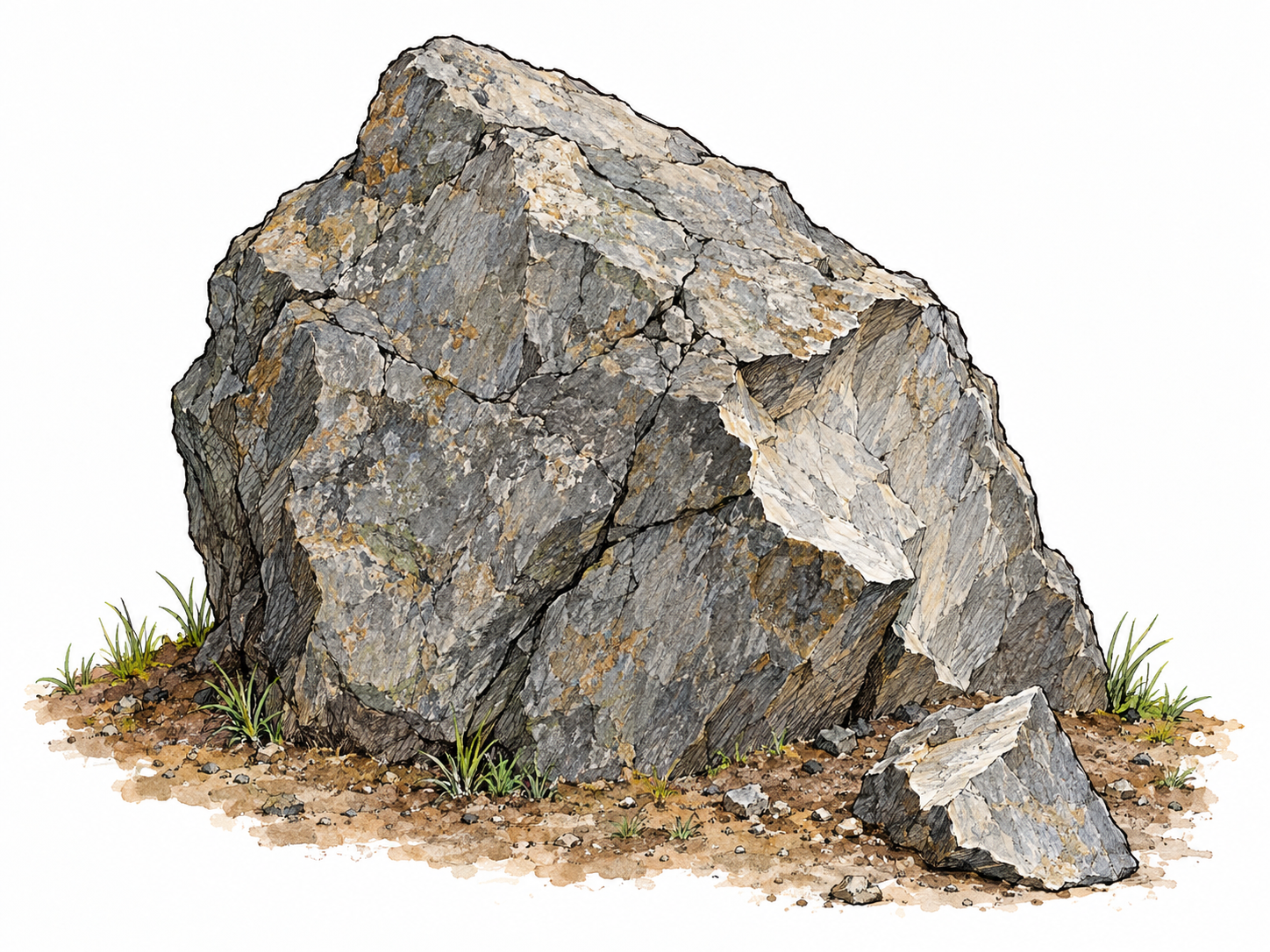 A close view of a rugged natural rock outcrop emerging directly from thin soil, with a broken fragment at its base exposing the same mineral texture.