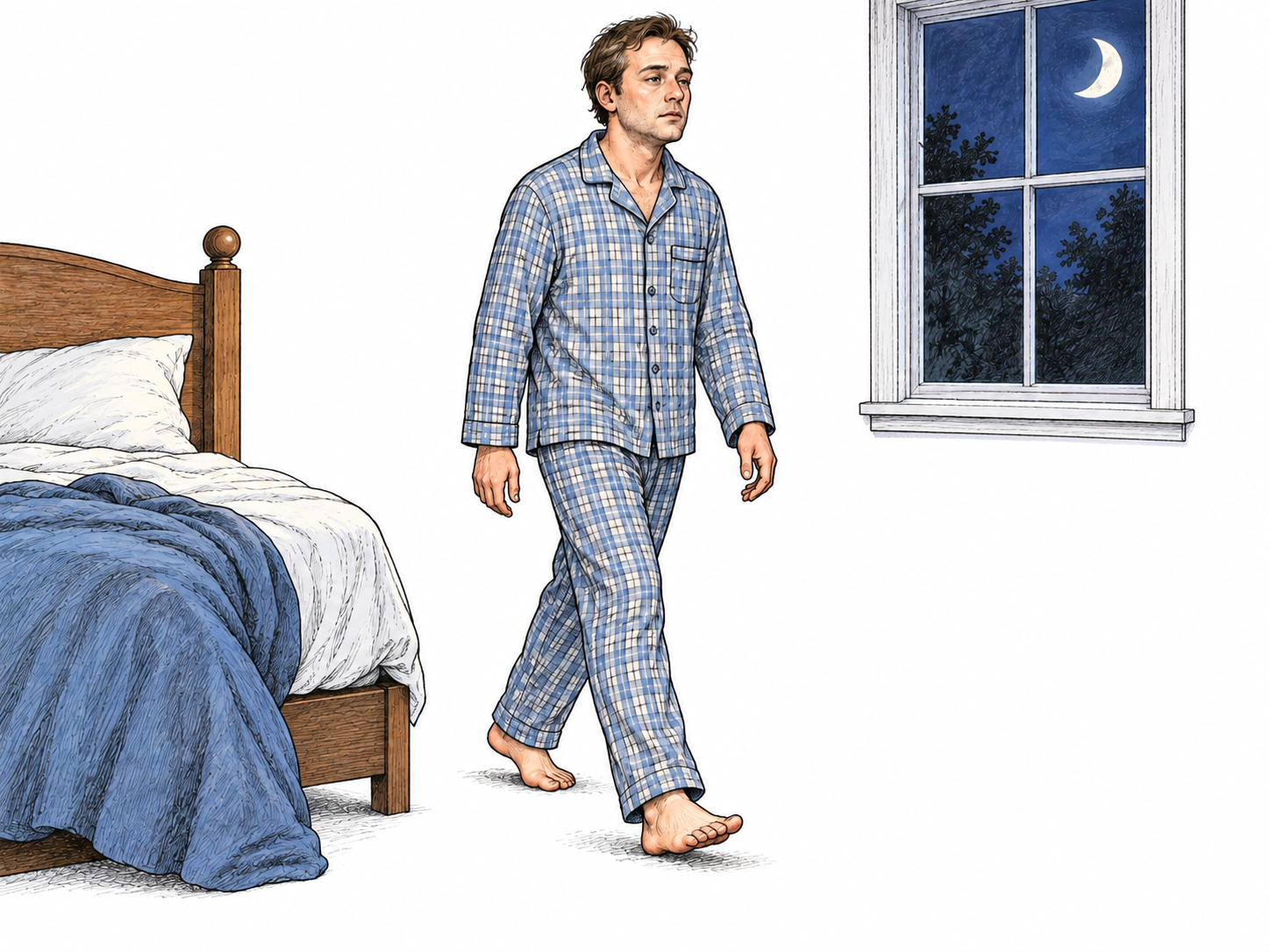 An adult in ordinary pajamas walks quietly from a bed into a clear safe room while still asleep, eyes open with unfocused gaze and arms resting naturally; small moon in window indicates night, no zombie pose, dreamwalking claim or dangerous stairs.