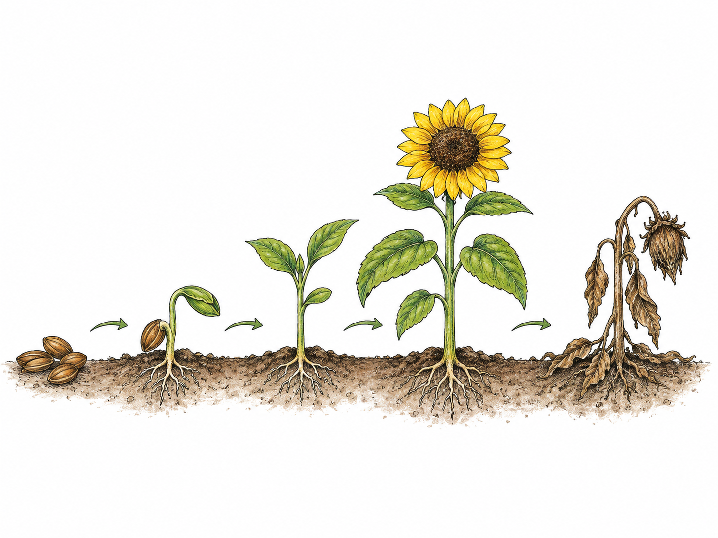 A compact plant life-cycle sequence ends with an entirely dried collapsed plant, showing the end of life; no skull, gore or bereavement stereotype.