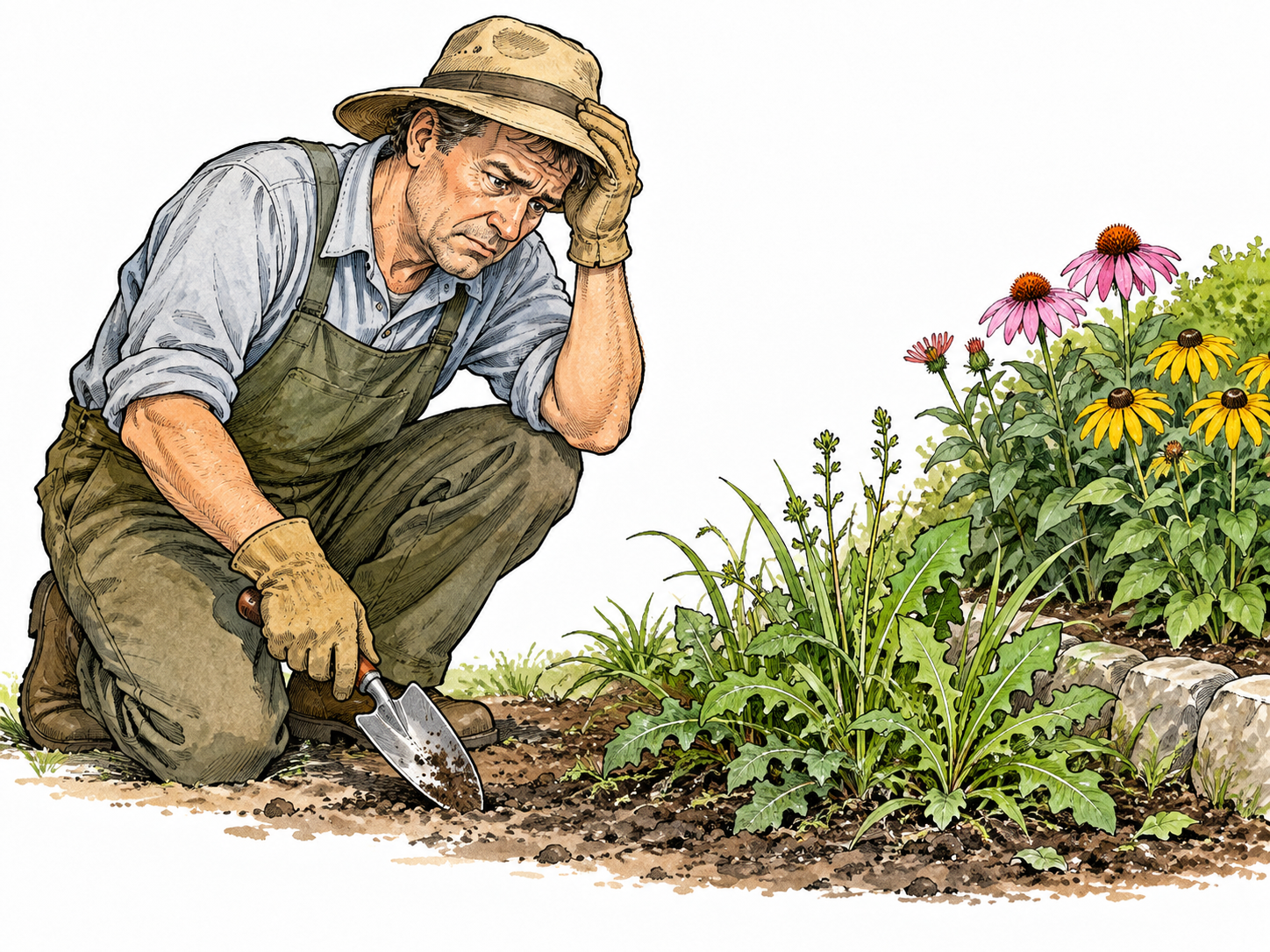 A worried white gardener sees a persistent patch of weeds return beside carefully tended flowers.