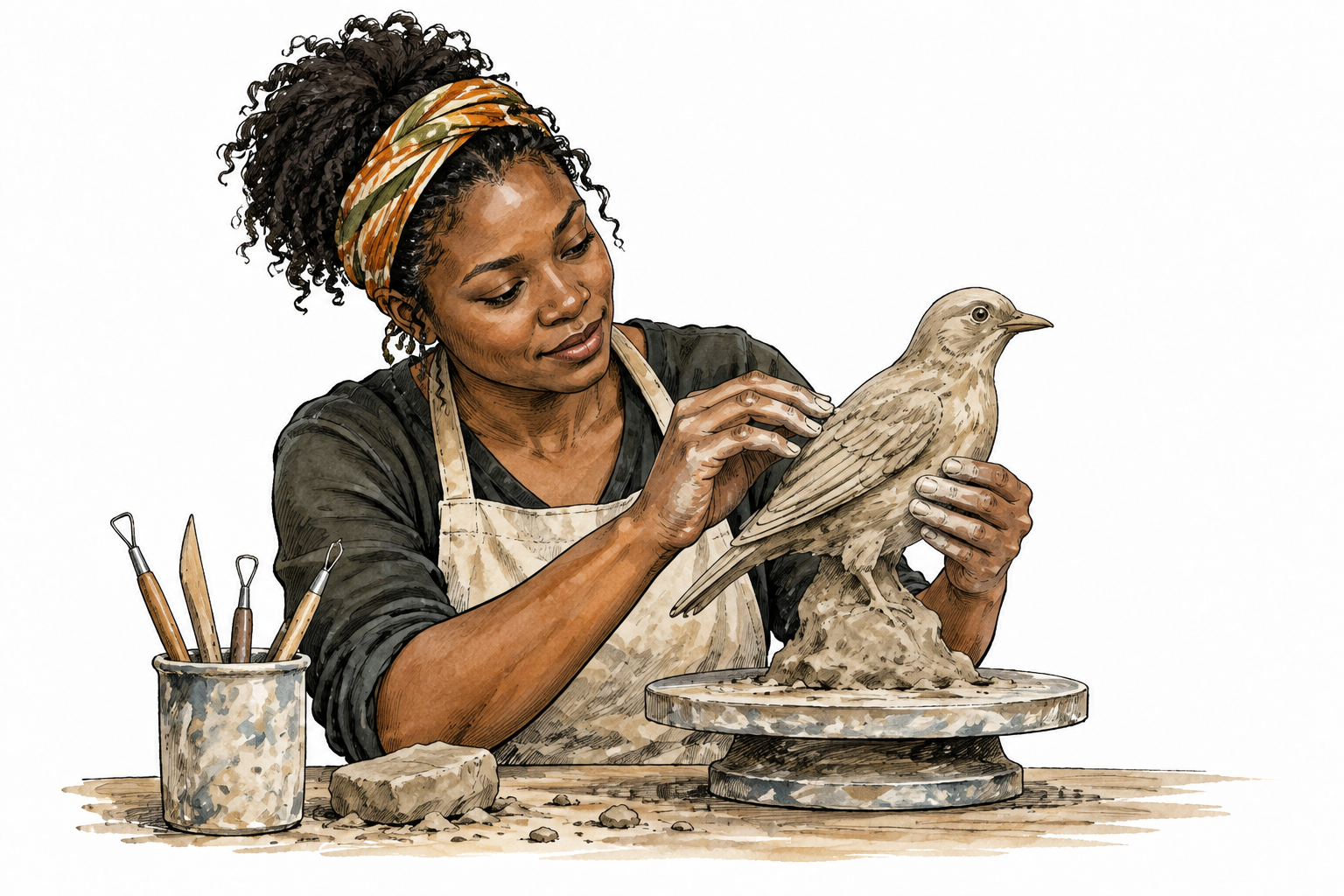 A Black artist shapes a clay sculpture of a bird with careful hands.
