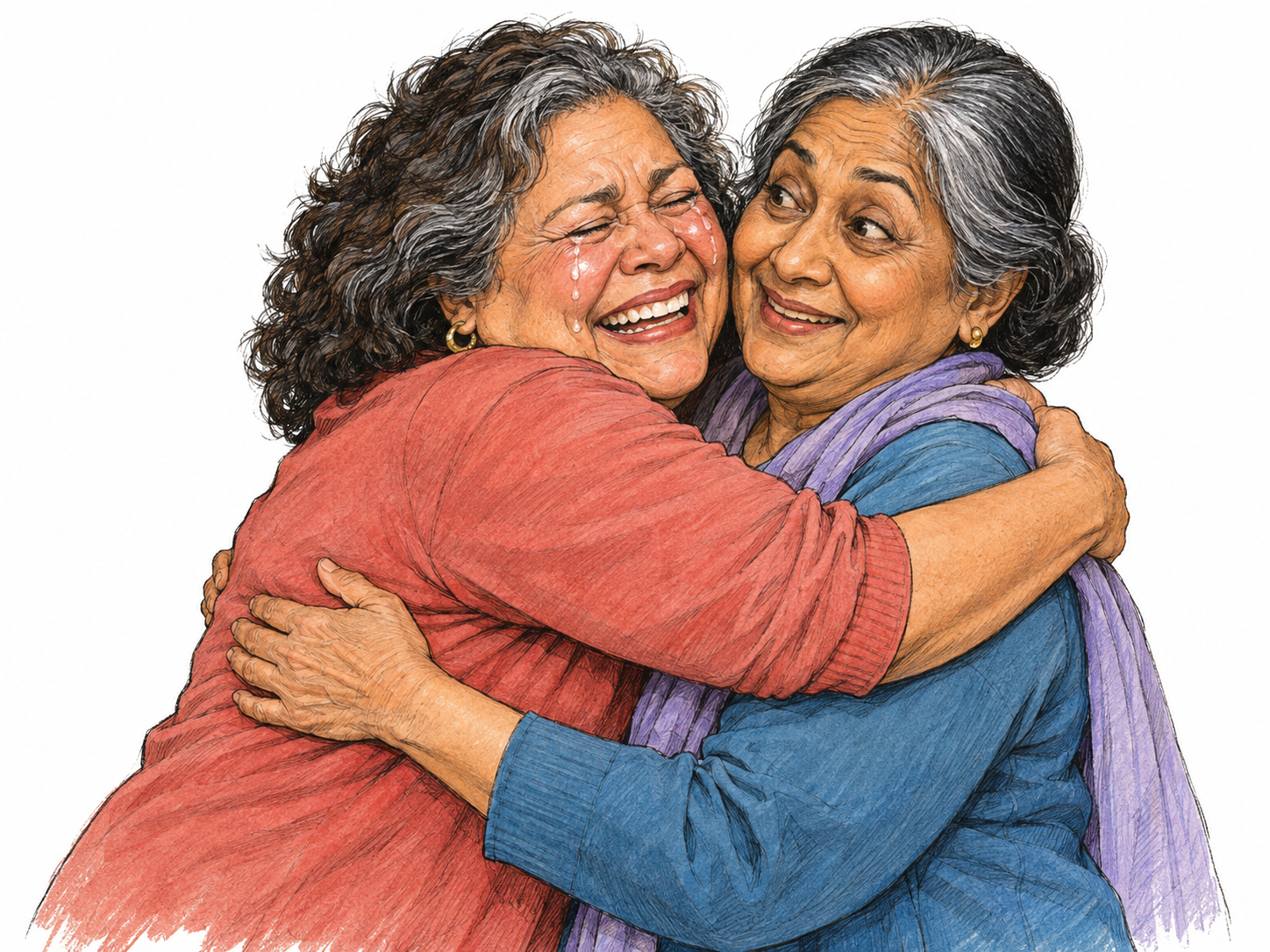 An older woman gives an exuberant, tearful embrace to a friend: eyes squeezed shut, cheeks wet, mouth open in a joyful cry, and both arms wrapped tightly around her.