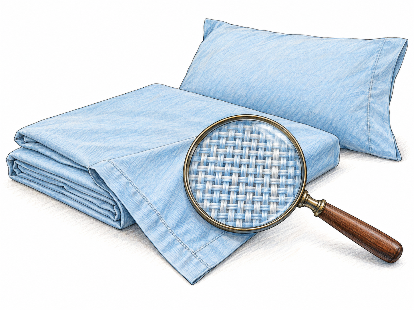 A folded cotton bedsheet with one corner spread flat beneath a magnifying glass, revealing its tight, even one-over-one plain weave.