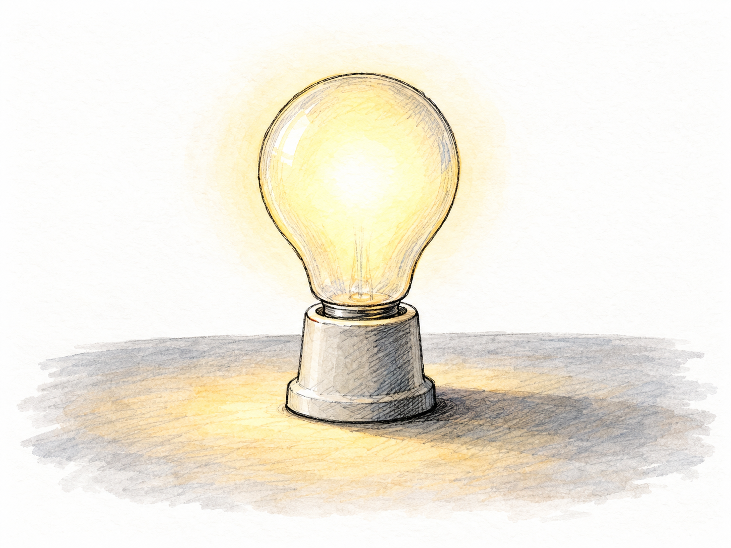 A switched-on frosted light bulb in a simple tabletop socket emits a warm glow, illuminating the nearby surface and casting the socket's shadow away from the light.