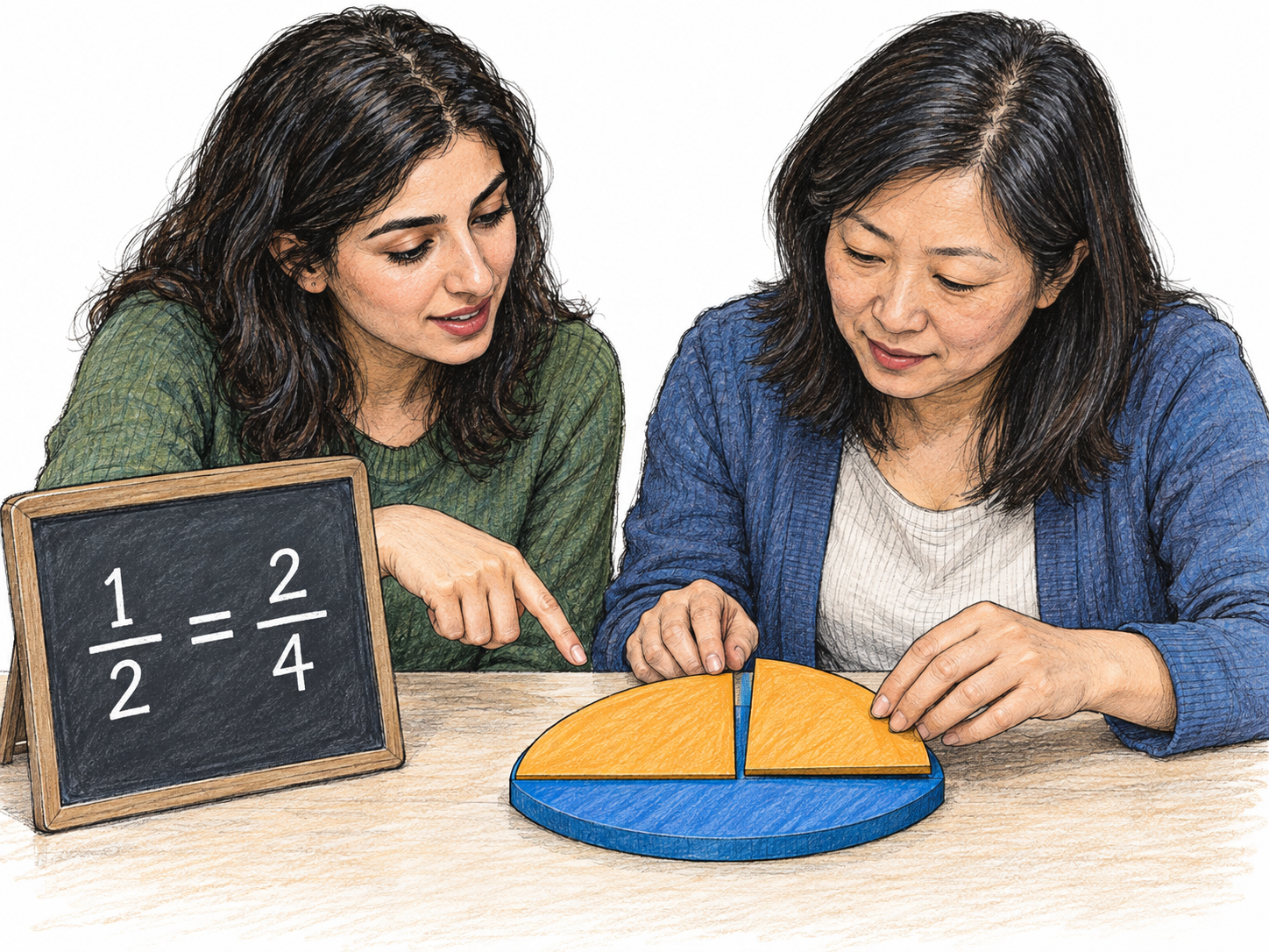 A mathematical claim is visibly supported by a concrete demonstration: two equal-sized circular fraction models show that one half and two quarters cover exactly the same area, making the displayed equality defensible.
