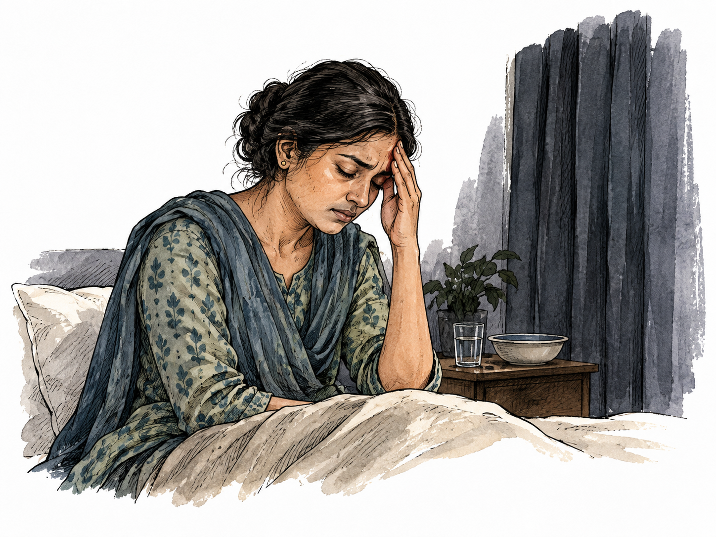 A South Asian woman rests in a dim room with one hand at her temple, eyes closed and curtains drawn against light.