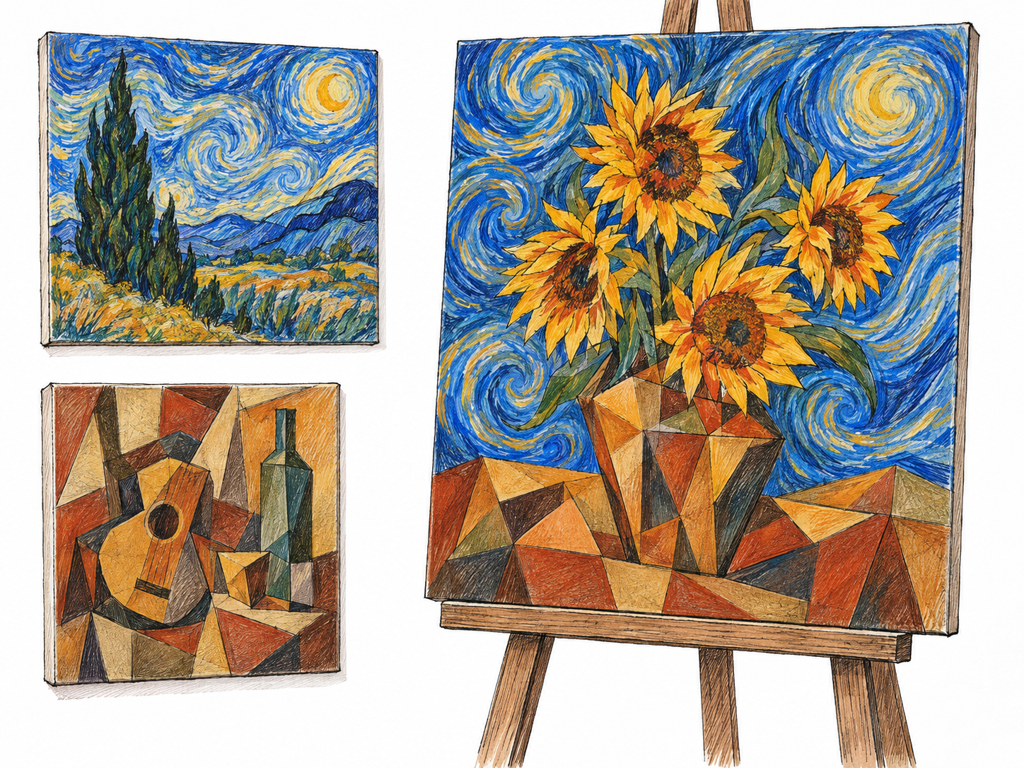 One large, finished painting visibly borrows two contrasting artistic styles from two smaller reference paintings: swirling, thick-looking brushwork and angular, fractured geometry.