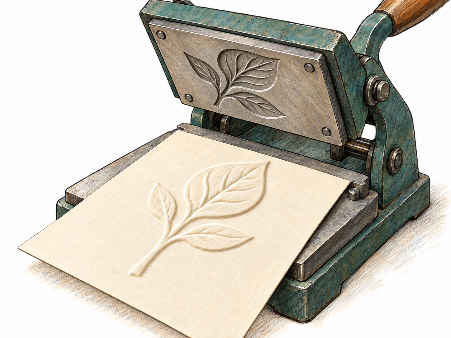 An open tabletop embossing press reveals a cream card bearing a raised leaf design, with the matching metal dies visible above and beneath it.