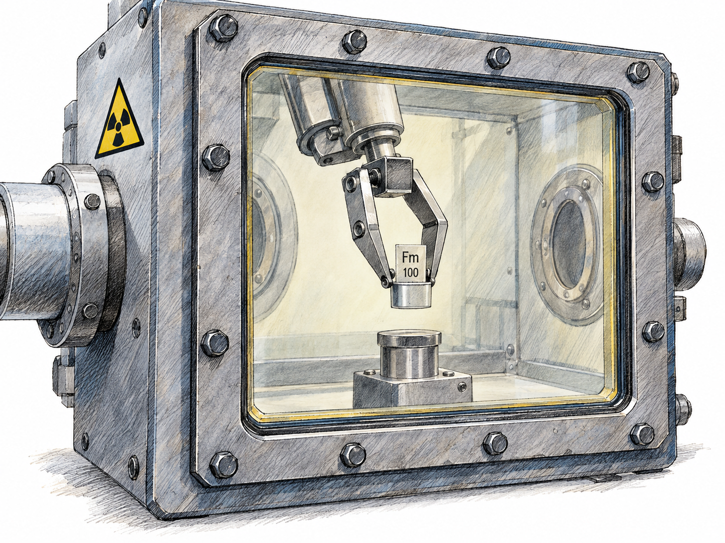 A shielded laboratory chamber contains a tiny analytical sample holder marked with fermium’s chemical symbol and atomic number.