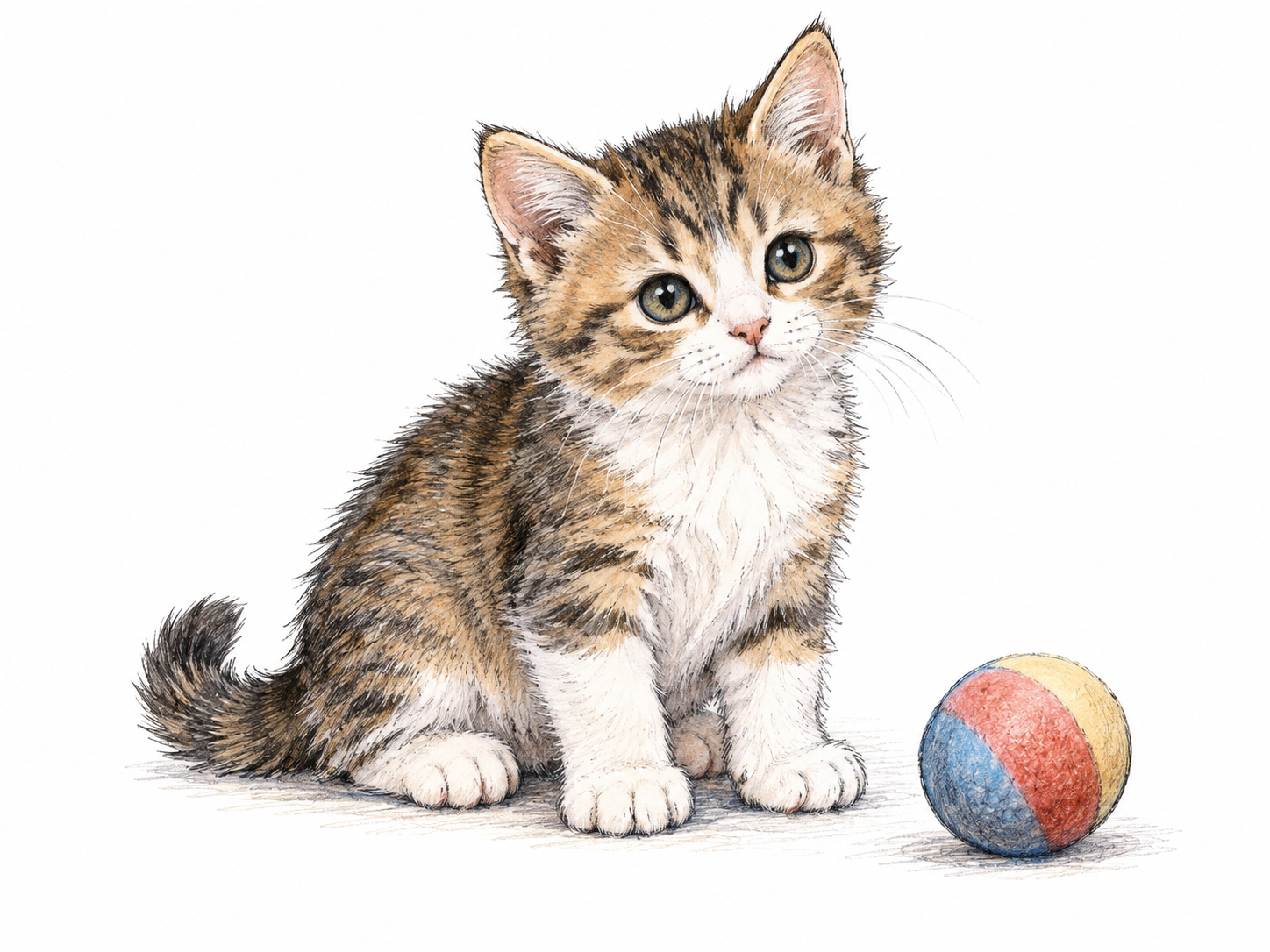 A fluffy young kitten sits beside a small plain soft ball, rounded youthful proportions and coherent paws, gentle alert expression; no costume, text or human hands.