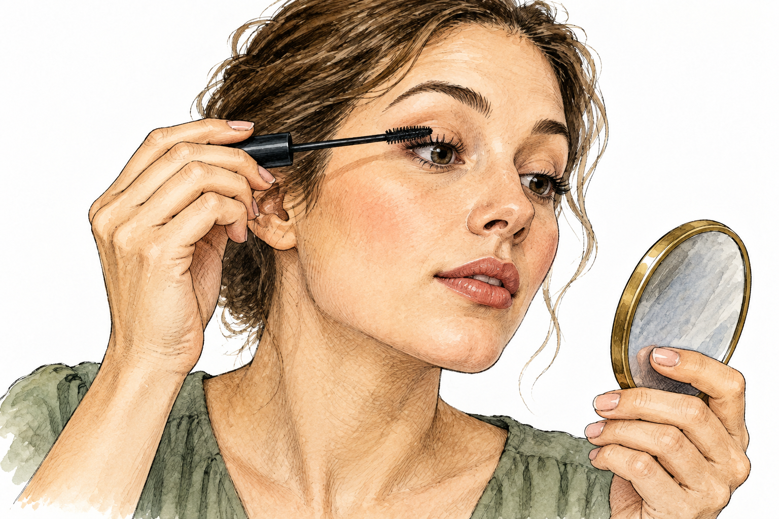 A woman carefully applies mascara to her eyelashes using a small wand, close clear cosmetic action and realistic hand.