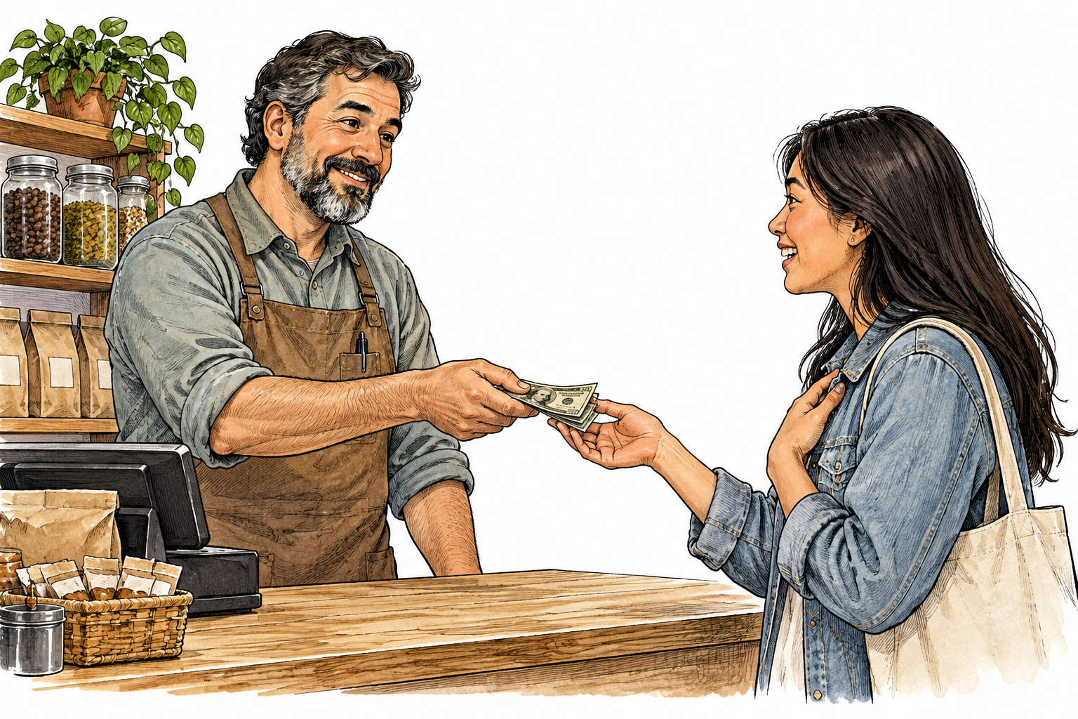 A shopkeeper honestly returns an overpayment to a customer, strong moral integrity.