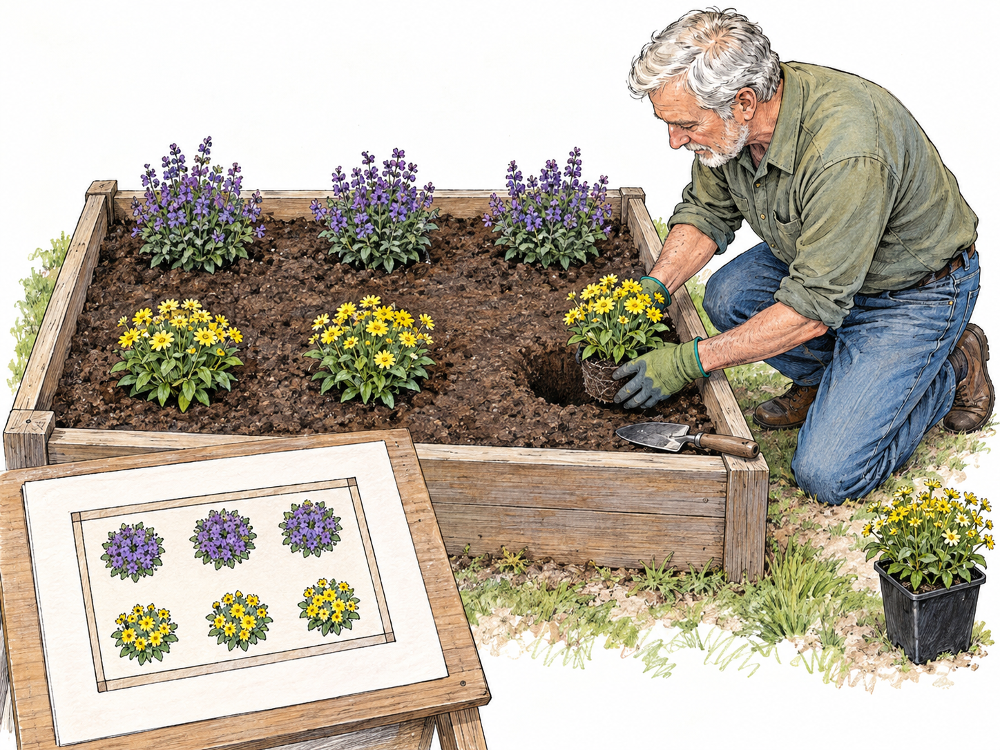 A gardener puts a drawn planting plan into effect: a large text-free overhead diagram shows a distinctive arrangement of plants, while the matching real bed is being planted beside it.