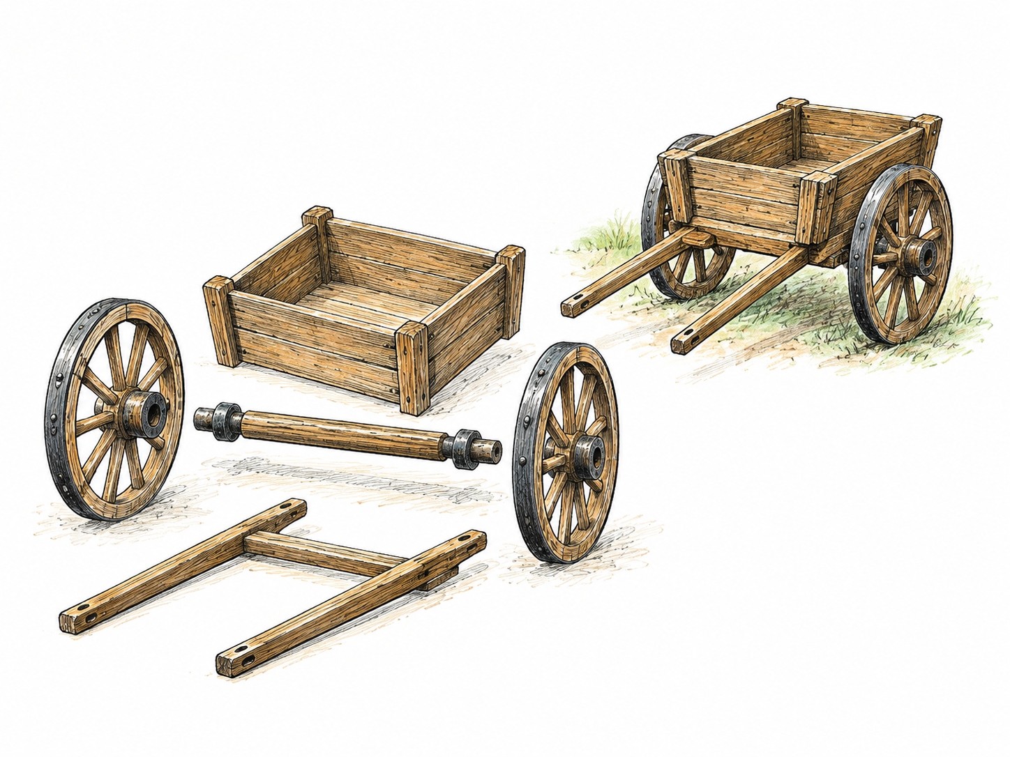 Separate wooden wheel, axle and handle visibly assemble into one simple handcart, components make up whole; exploded arrangement close to actual joins, no labels or arrows.