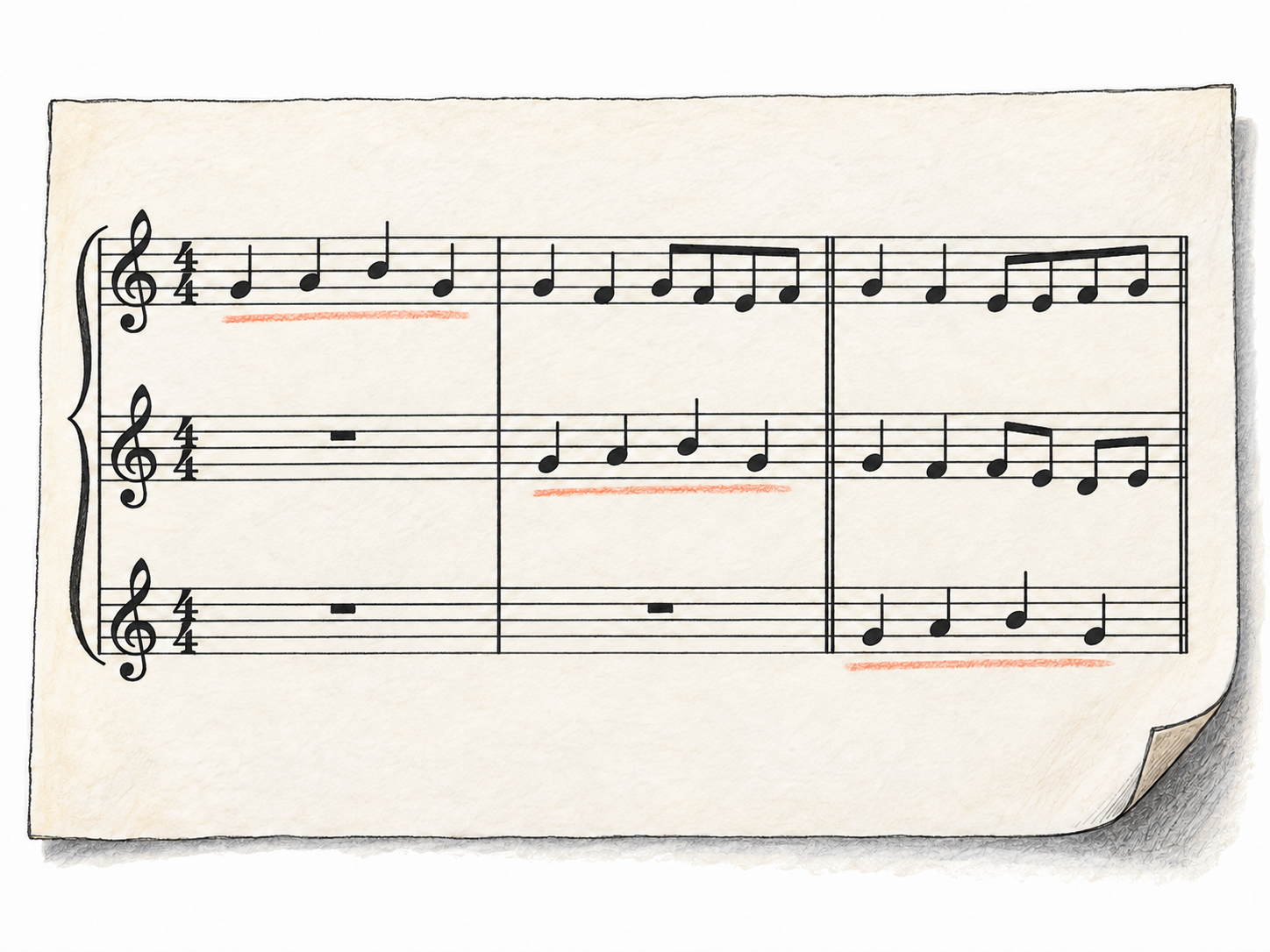 A close-up of a single engraved chamber-music score makes a short theme visibly recur in three staggered instrumental parts, while earlier parts continue with contrasting notes.