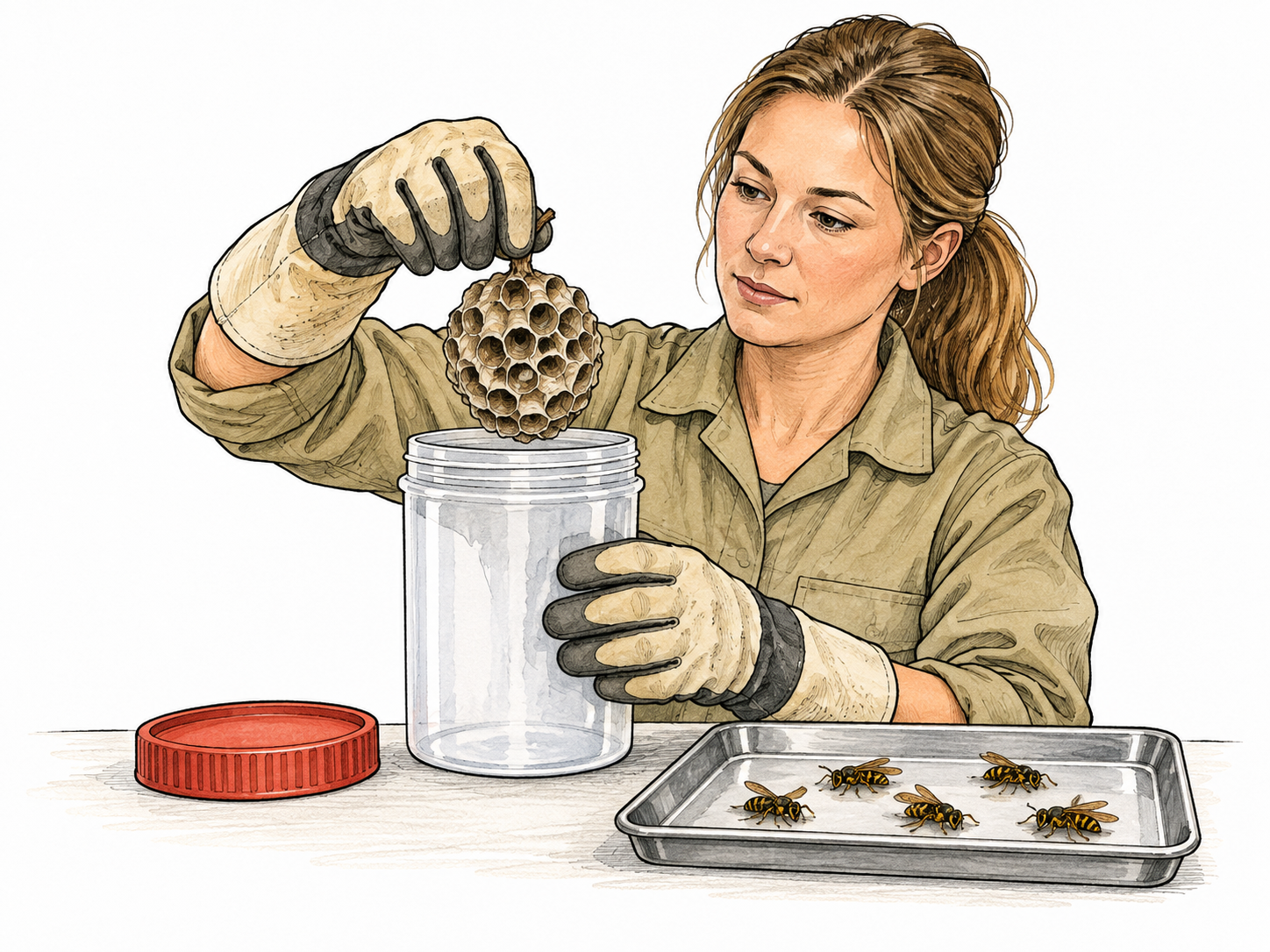 A pest worker removes a fully treated small wasp nest into a sealed plain container; several tiny motionless wasps on nearby tray indicate complete elimination, non-graphic.