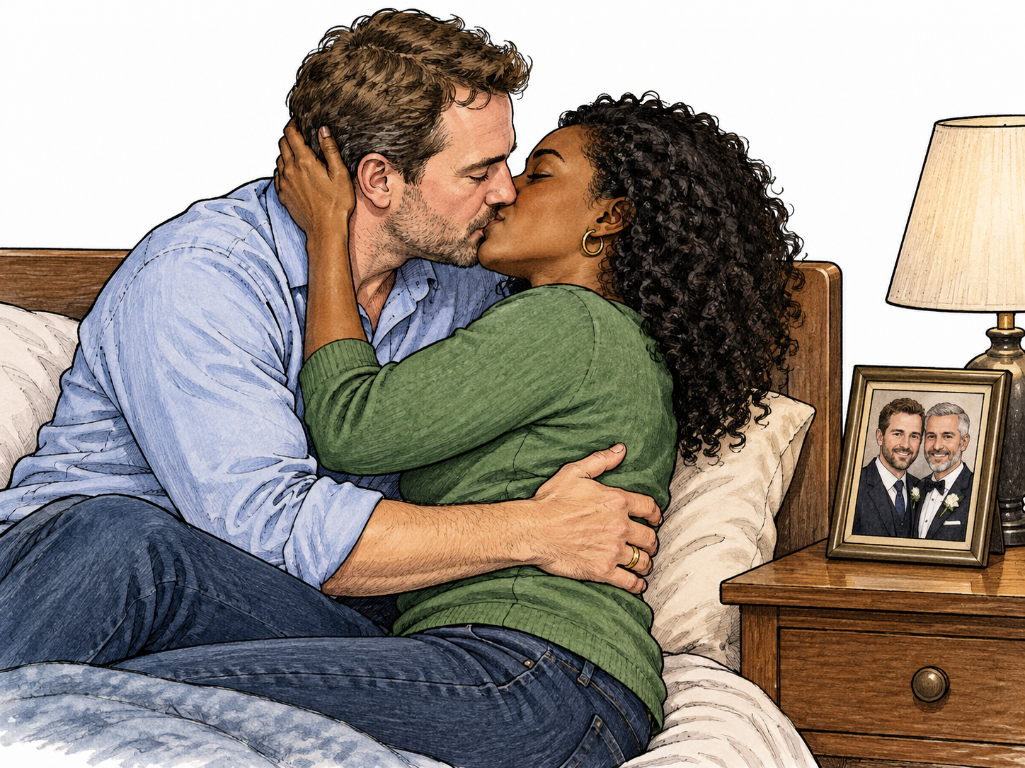 A married adult man wearing a wedding ring exchanges a tender kiss with a different adult partner while a small wedding photograph on the bedside table clearly shows him with his spouse; all fully clothed, nonexplicit domestic vignette.