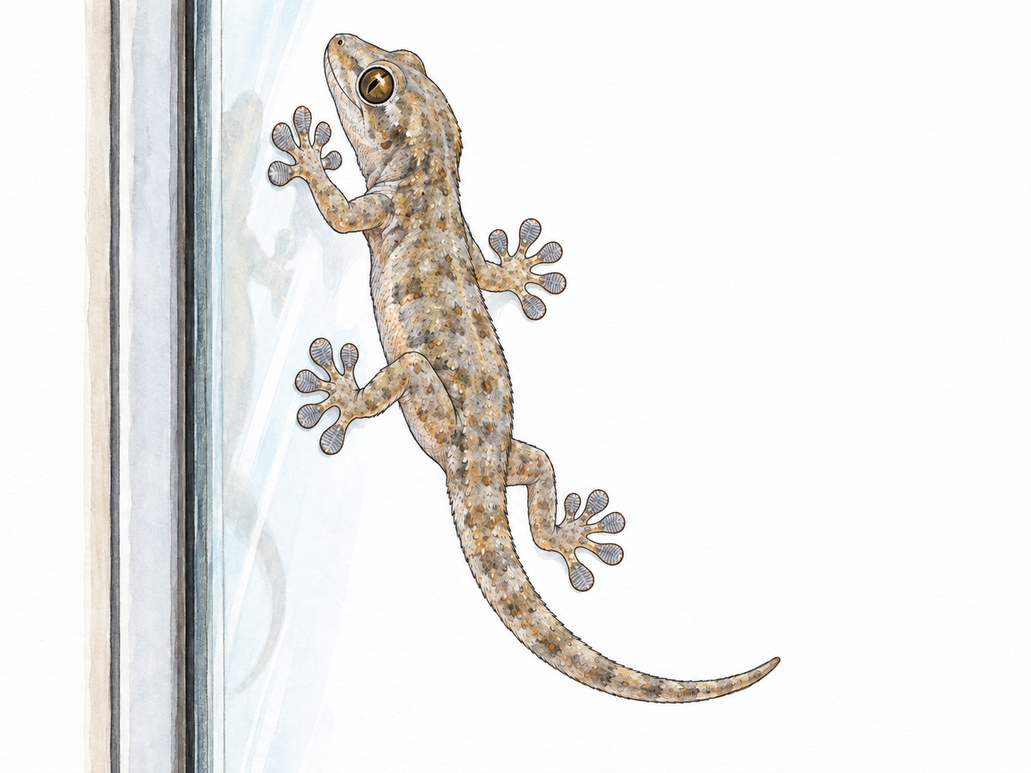 A single small gecko clings head-up to a vertical windowpane, its widely spread adhesive toe pads clearly visible against the smooth glass.