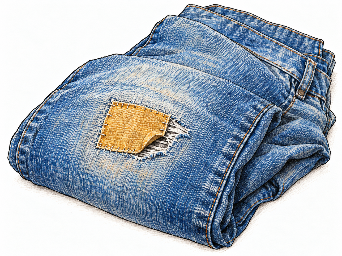 A small contrasting cloth patch stitched over a worn hole in the knee of blue jeans, with one corner lifted enough to reveal the frayed opening beneath.