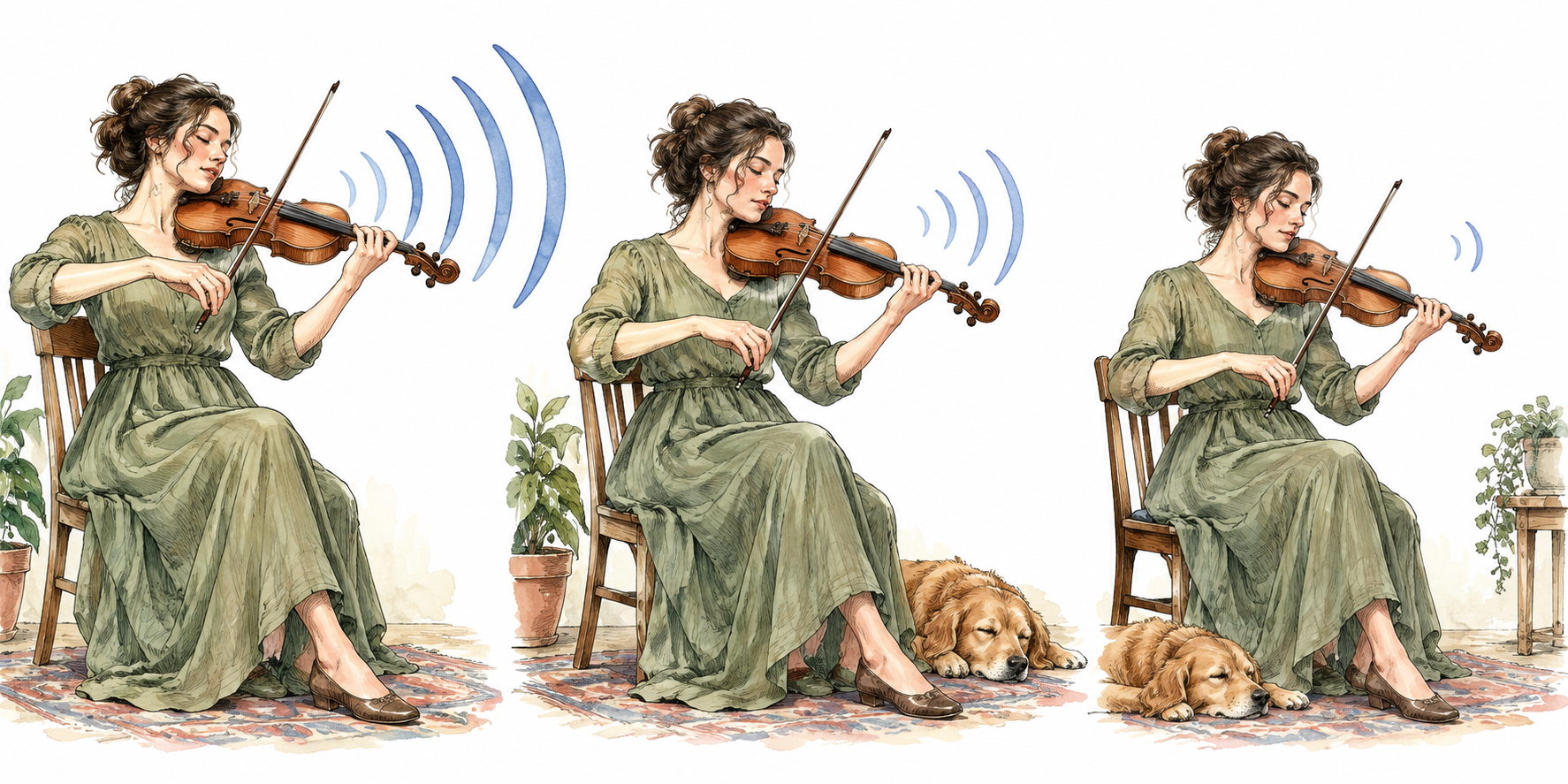 Violinist plays a phrase becoming gradually quieter, same instrument shown in three successive vignettes with shrinking sound-wave curves, no musical writing.
