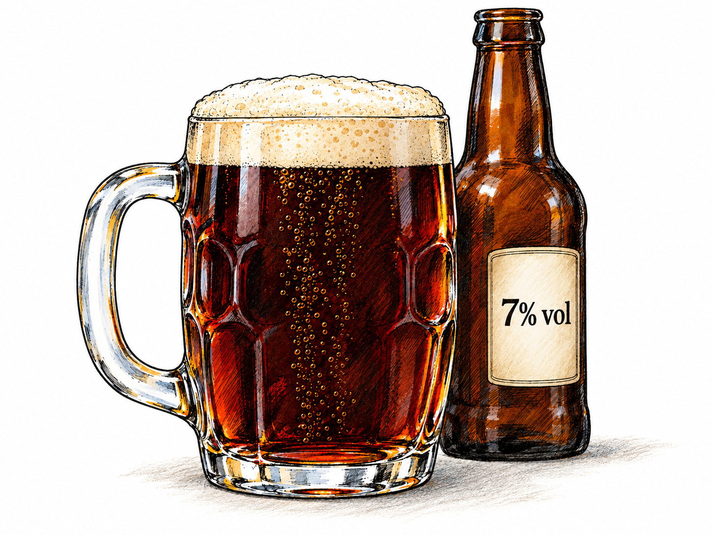 A recognizable dark bock serving: clear deep chestnut beer with ruby-brown highlights and a compact cream-colored head in a traditional handled beer glass, beside its bottle bearing only the intrinsic alcohol marking “7% vol”.
