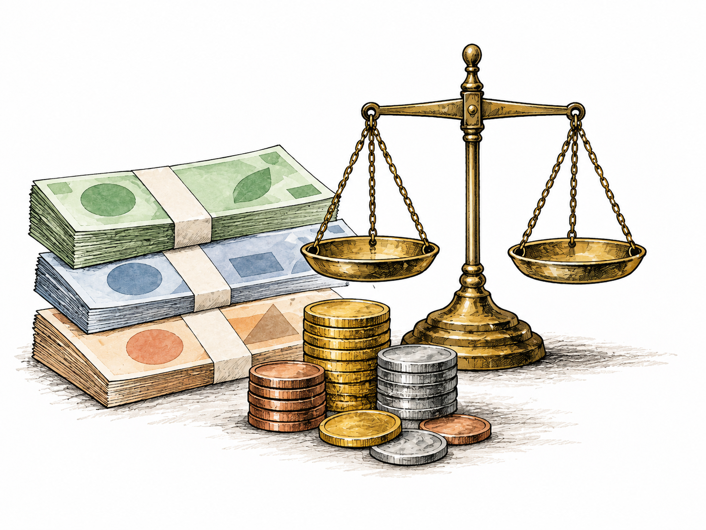Plain banknotes, coins and a small balance scale arranged for financial assessment, money-related subject clear; currency notes use abstract shapes without numerals or letters.