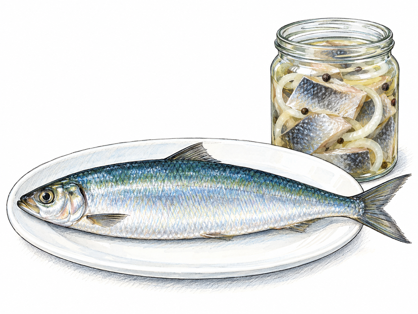 A whole fresh herring beside a small open jar of pickled herring pieces, combining recognizable fish anatomy with its familiar food use.