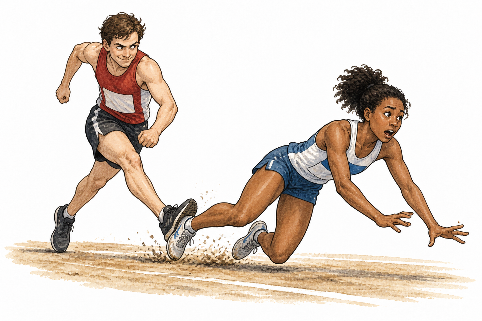 Person secretly trips a competitor during footrace, dishonorable act, no caricature.