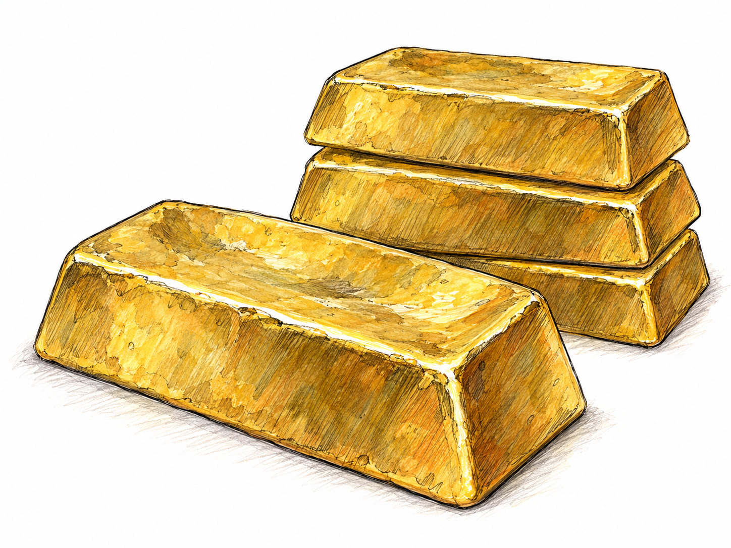 A small, neatly stacked group of cast gold ingots, with one separate foreground ingot showing its tapered sides, rounded corners and shallow casting depression.