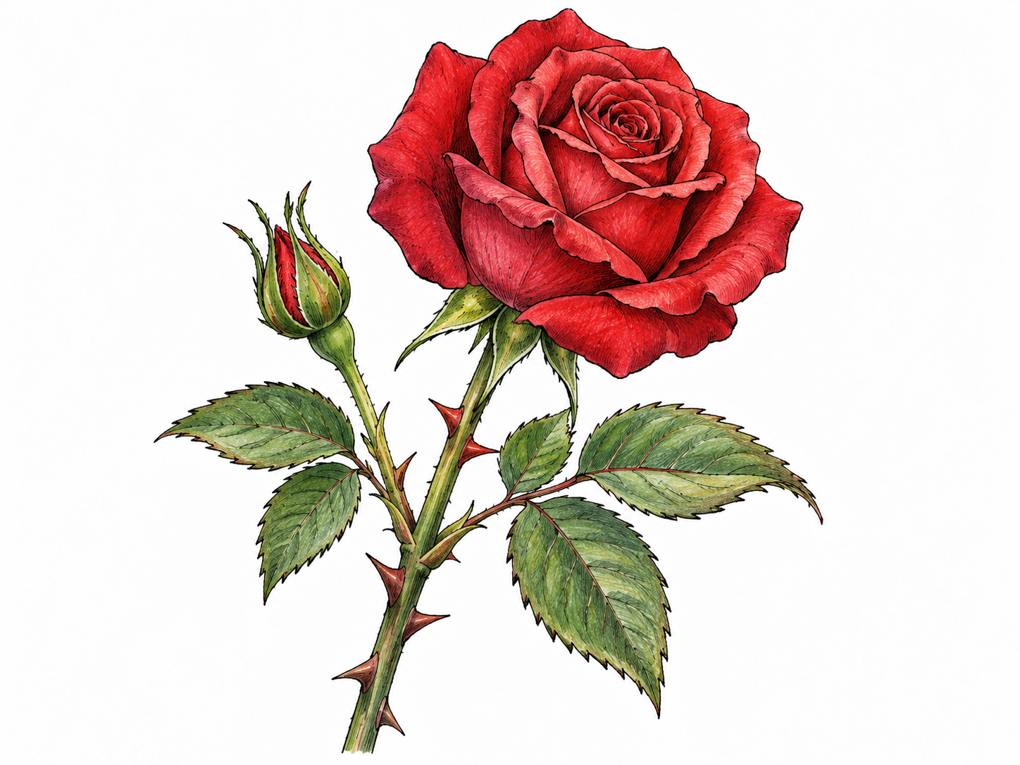 A red rose blossom with layered fragrant-looking petals, serrated green leaves and a few obvious thorns on stem, natural botanical study.
